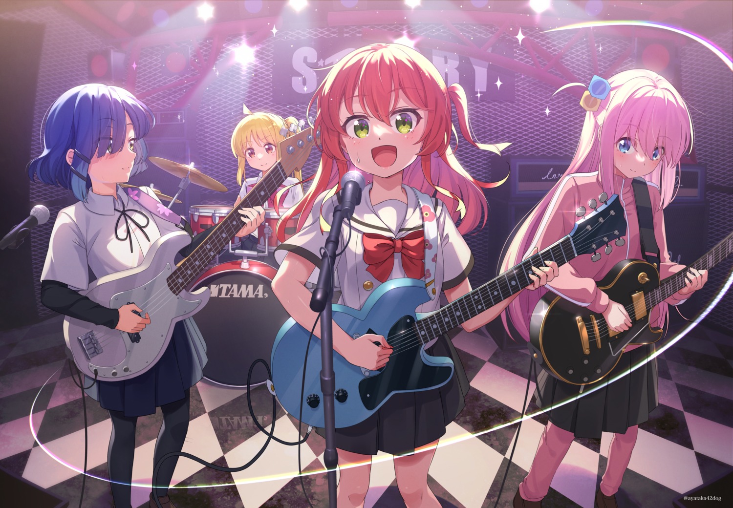 ayataka bocchi_the_rock! gotou_hitori guitar gym_uniform ijichi_nijika kita_ikuyo pantyhose seifuku yamada_ryou