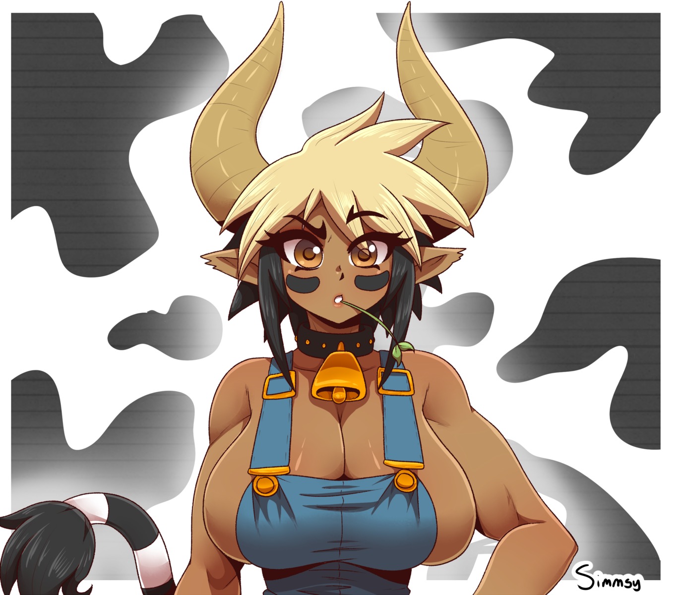 animal_ears cathyl_(monster_musume) horns monster_girl monster_musume_no_iru_nichijou no_bra overalls simmsyboy tail