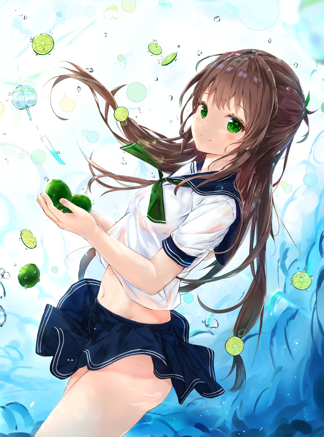 na_kyo no_bra see_through seifuku skirt_lift wet_clothes