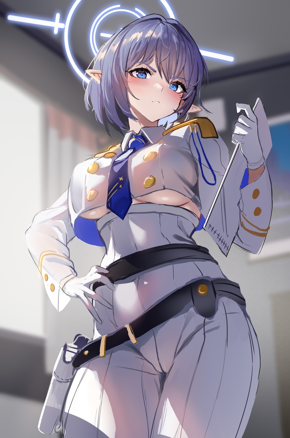 blue_archive gun halo no_bra oki_aoi pointy_ears sketch stone_(ksorede) underboob uniform