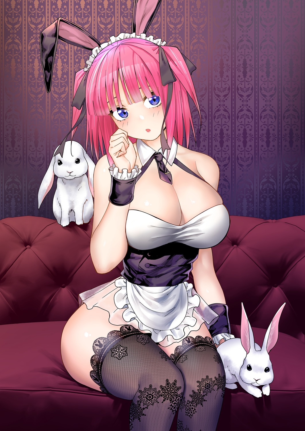 5-toubun_no_hanayome animal_ears bunny_ears bunny_girl kosmos_beta maid nakano_nino no_bra see_through thighhighs