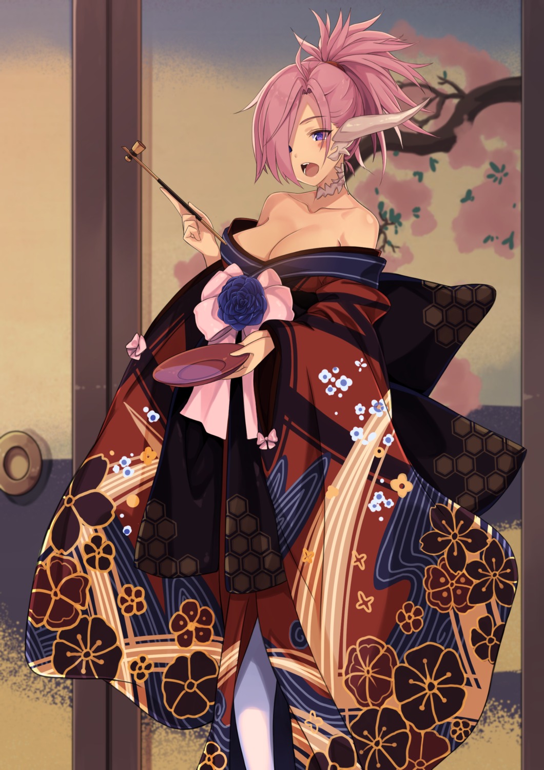 horns japanese_clothes kaosu_kun kimono no_bra open_shirt smoking