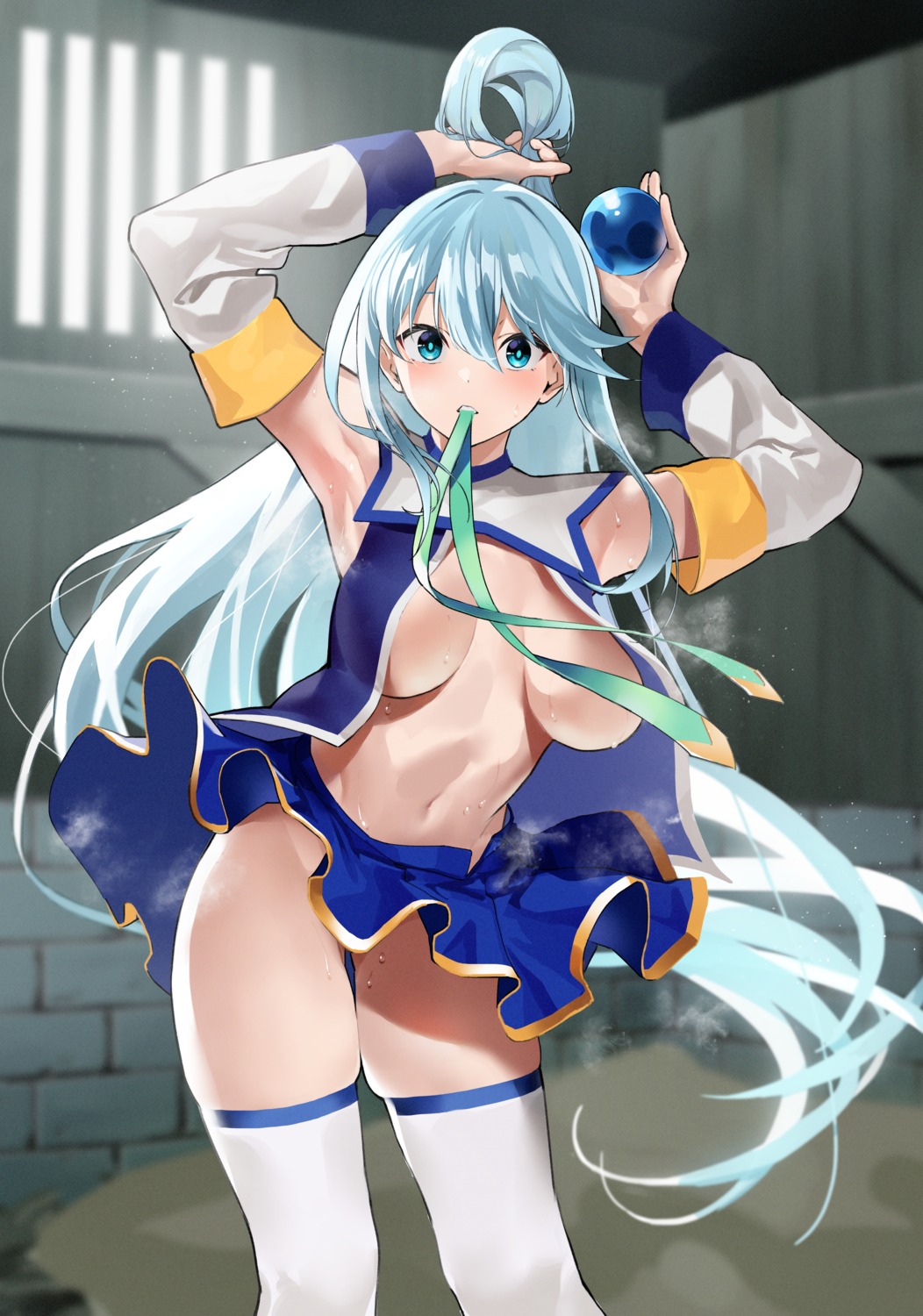 aqua_(konosuba) breasts jikatarou kono_subarashii_sekai_ni_shukufuku_wo! no_bra nopan open_shirt skirt_lift thighhighs wet