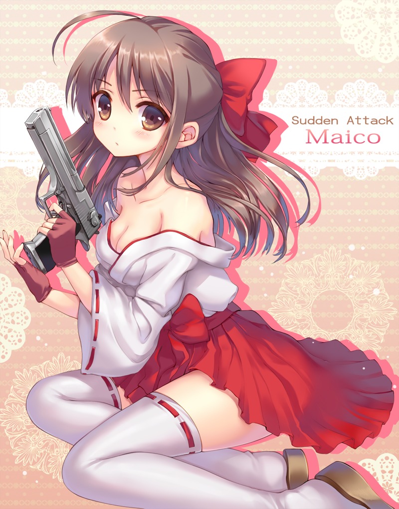 cleavage gun miko momoko_(momopoco) sudden_attack thighhighs
