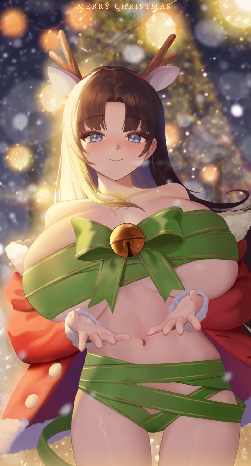 animal_ears bottomless christmas horns lumen_re no_bra open_shirt