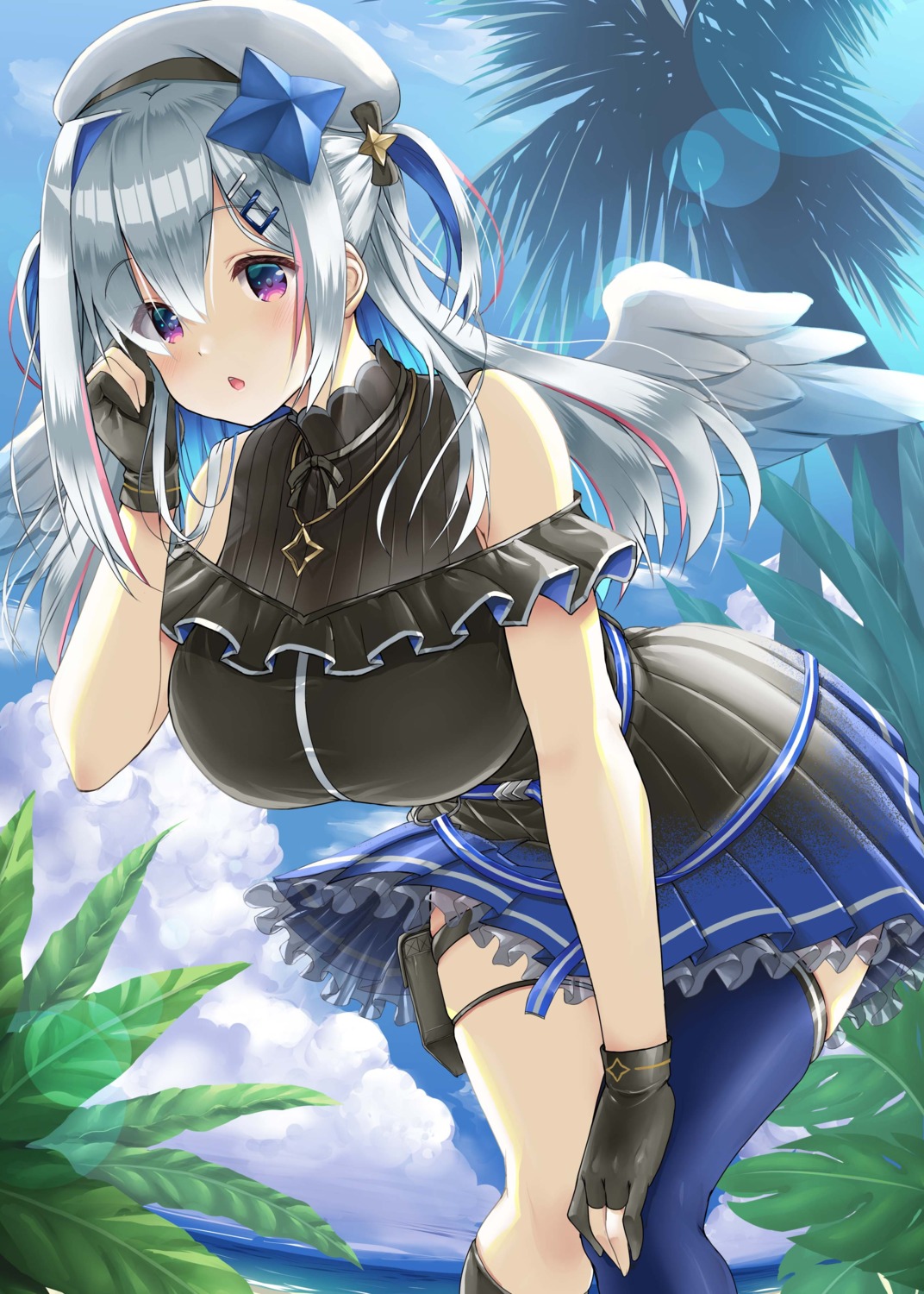 amane_kanata garter hololive skirt_lift thighhighs uehiro wings