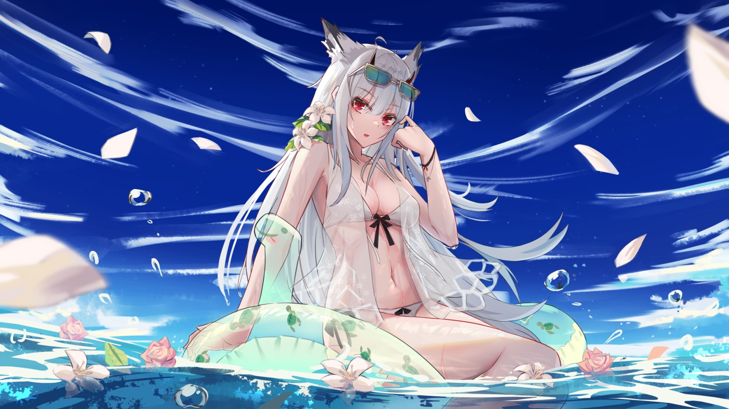 animal_ears bikini kitabana kitsune megane open_shirt see_through swimsuits tail wet