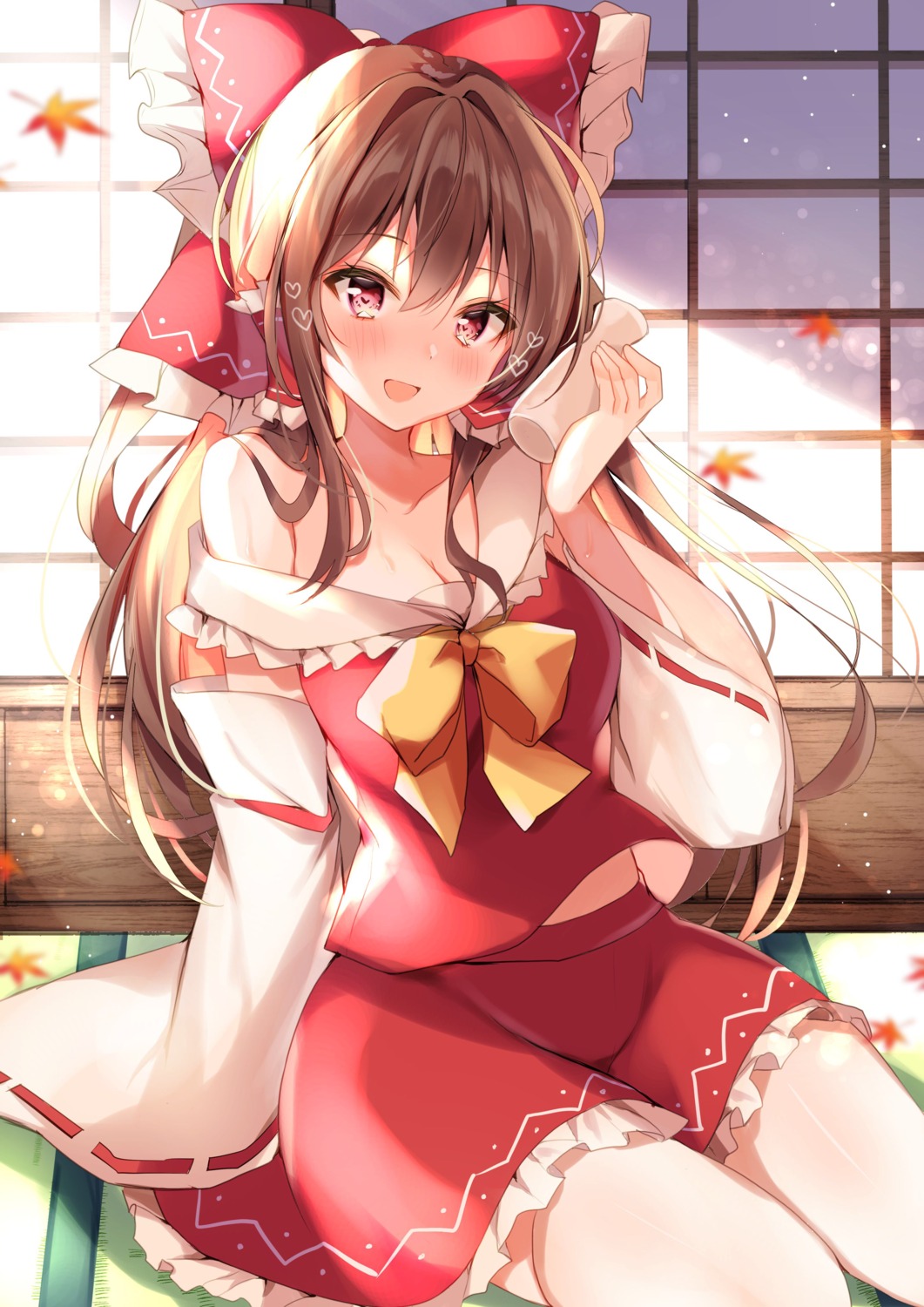 cleavage hakurei_reimu miko nenobi_(nenorium) no_bra open_shirt touhou