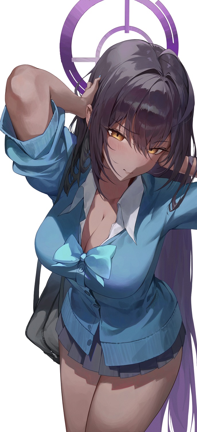 blue_archive cleavage halo kakudate_karin ninebell open_shirt seifuku sweater