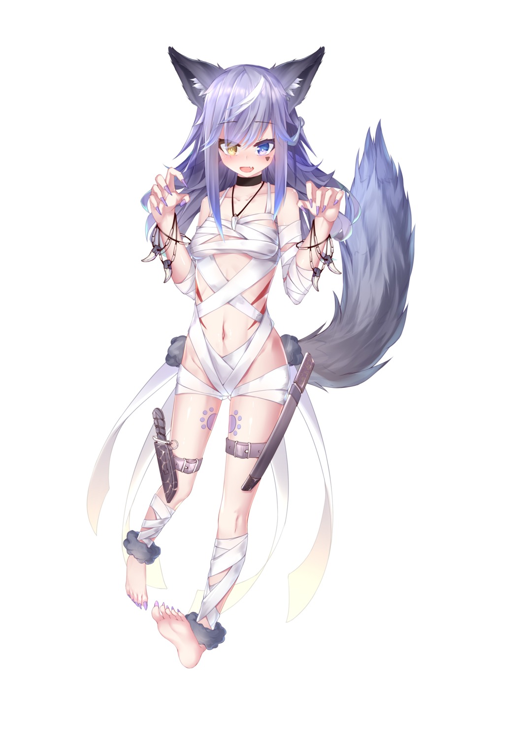 animal_ears bandages garter heterochromia naked_ribbon tagme tail tattoo weapon