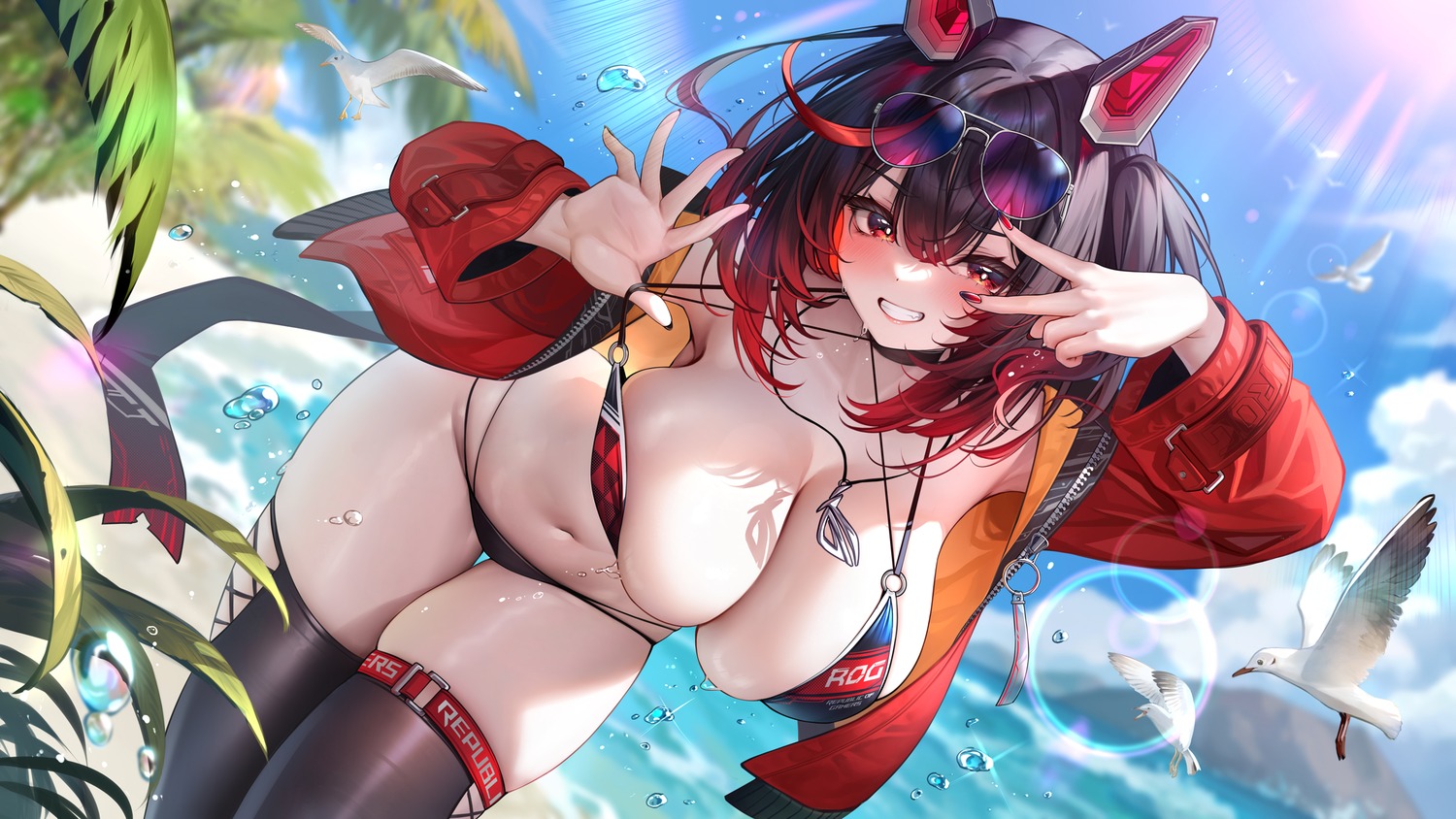 bikini garter megane meion open_shirt rog_(vtuber) swimsuits thighhighs undressing wallpaper wet