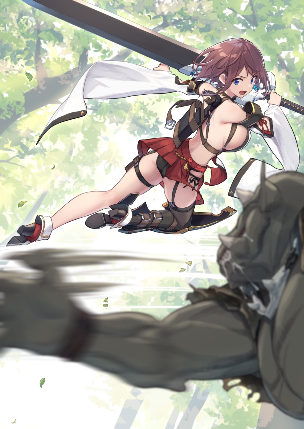 ass baffu garter heels hitoyo_(baffu) monster no_bra pantsu skirt_lift stockings string_panties sword thighhighs