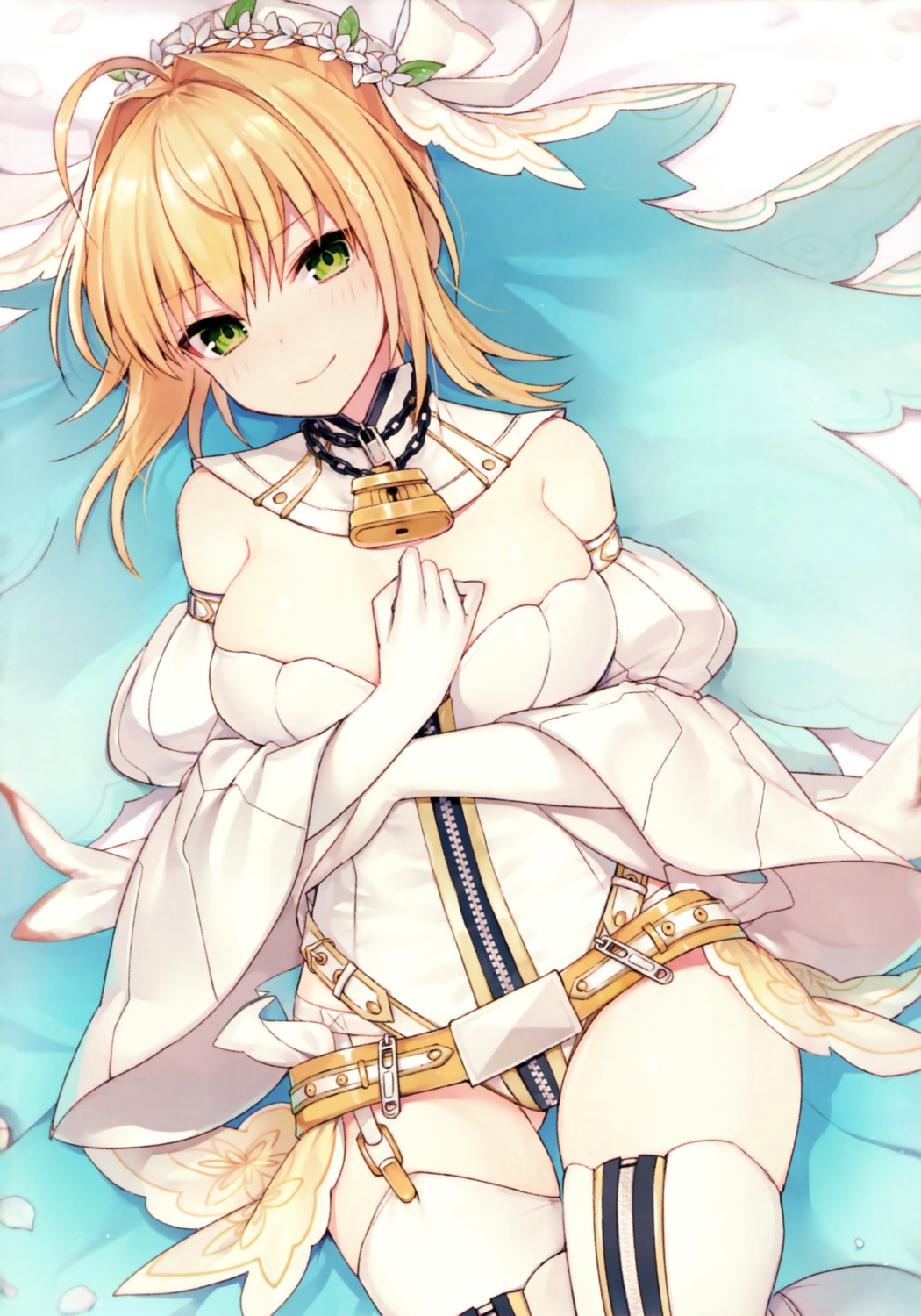 breast_hold fate/grand_order leotard muryo no_bra saber_bride saber_extra stockings thighhighs