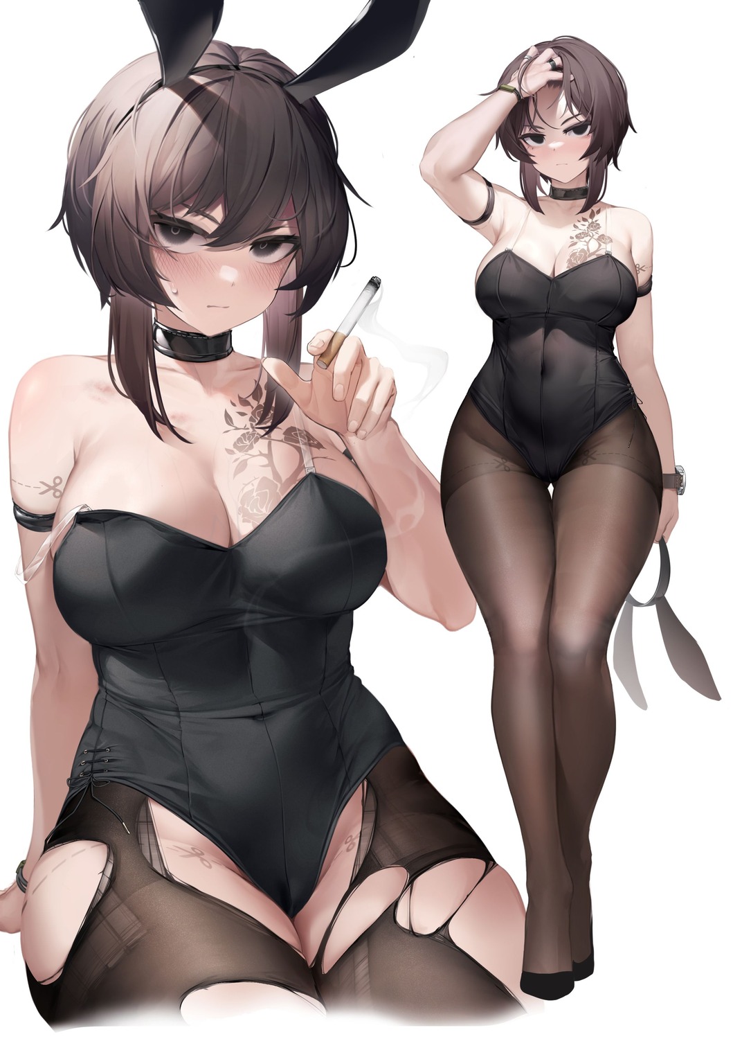 animal_ears bunny_ears bunny_girl ka941 no_bra pantyhose smoking tattoo torn_clothes