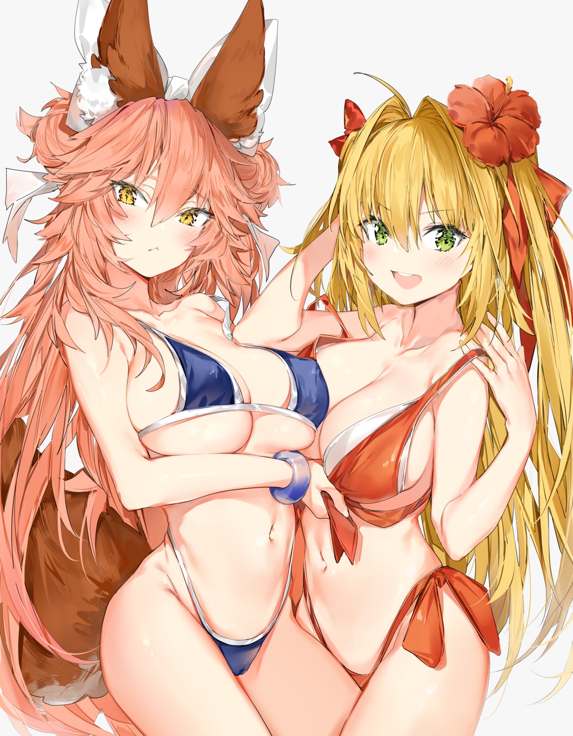 animal_ears bikini breast_hold cameltoe erect_nipples fate/grand_order kitsune saber_extra silver_(chenwen) swimsuits tail tamamo_no_mae undressing yuri