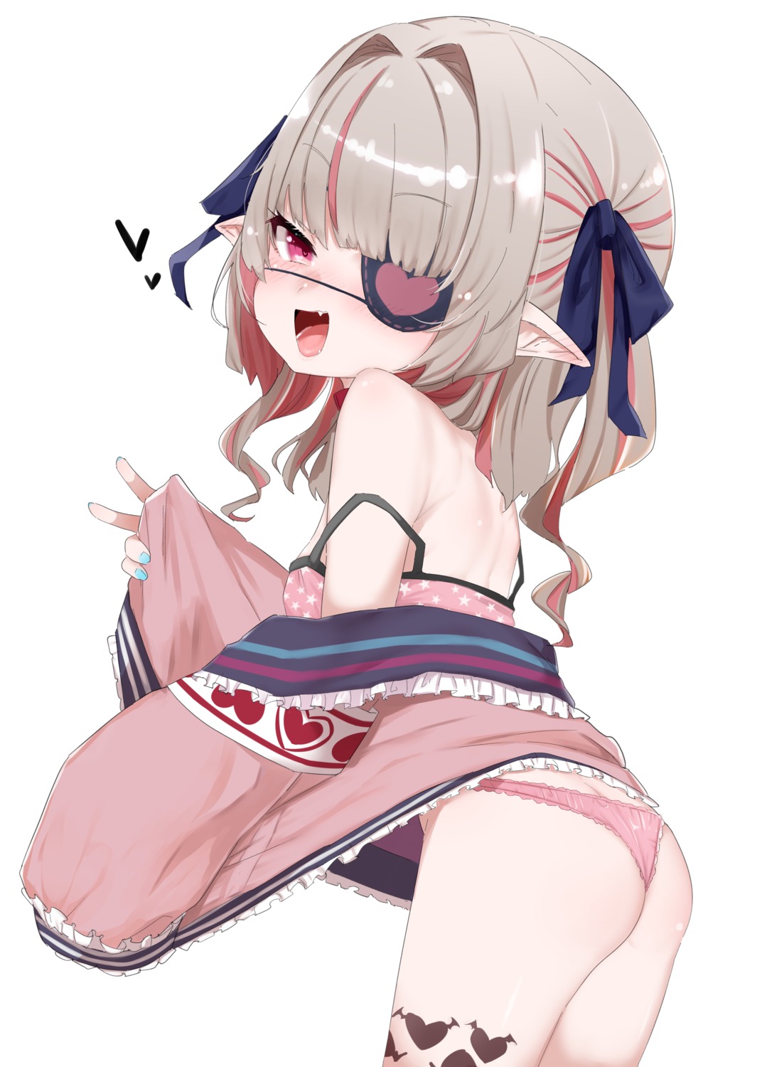 ass bra eyepatch kio_(yumekuikio) loli makaino_ririmu nijisanji nijisanji_gamers open_shirt pantsu pointy_ears tattoo thong