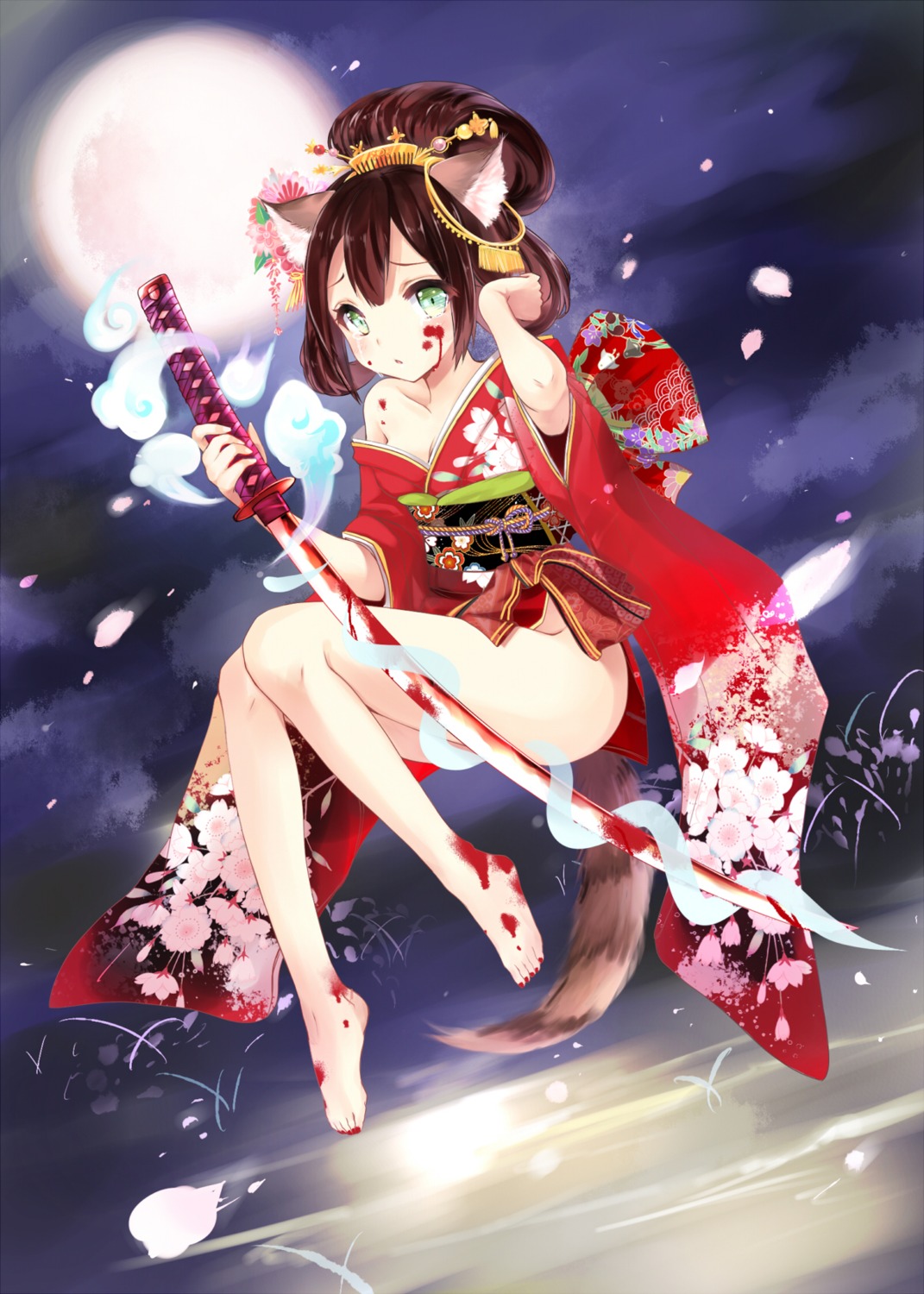 animal_ears batgo blood cleavage kimono no_bra nopan open_shirt sword tail