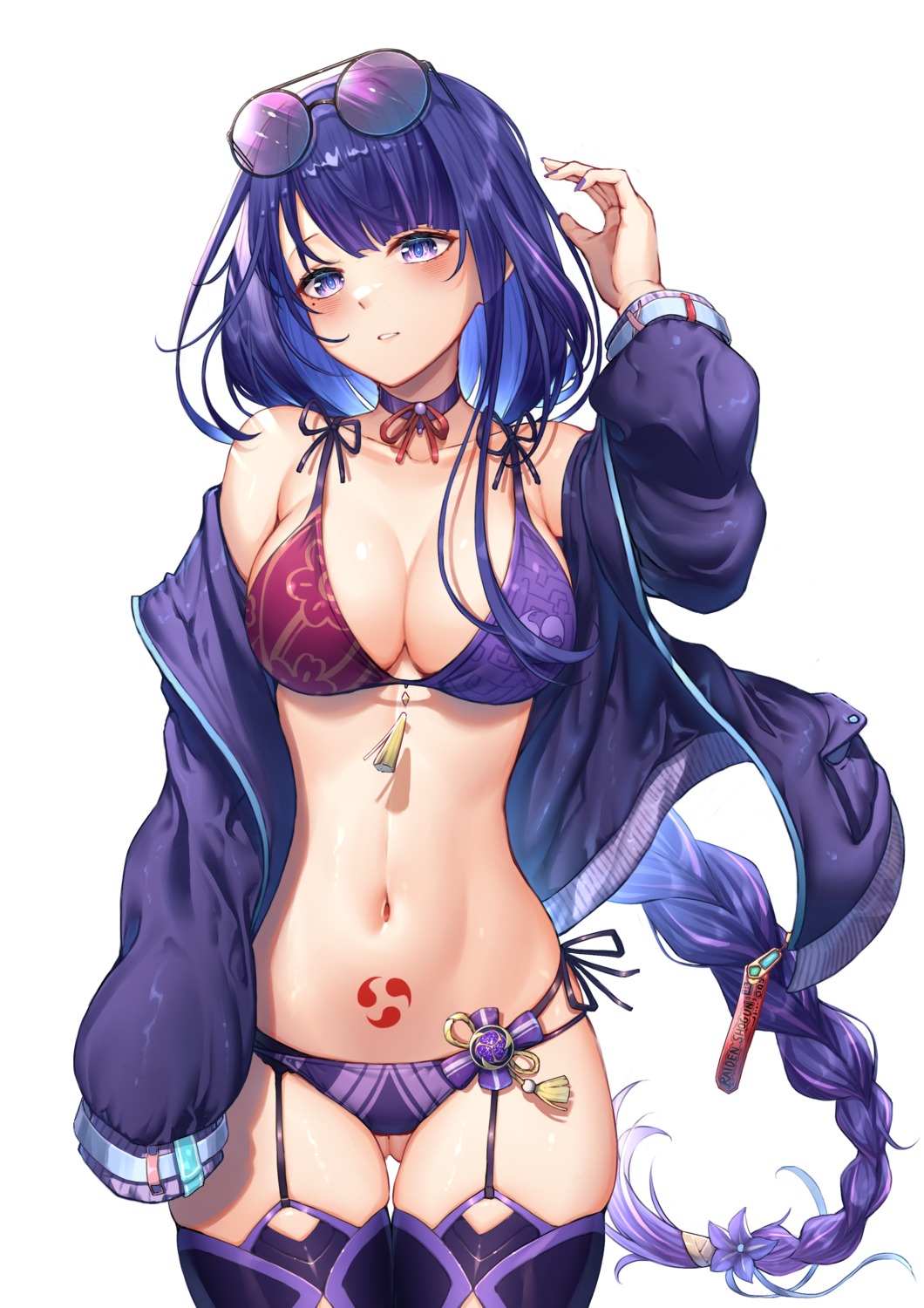 bikini genshin_impact kishita_yuu megane open_shirt raiden_shogun stockings swimsuits tattoo thighhighs