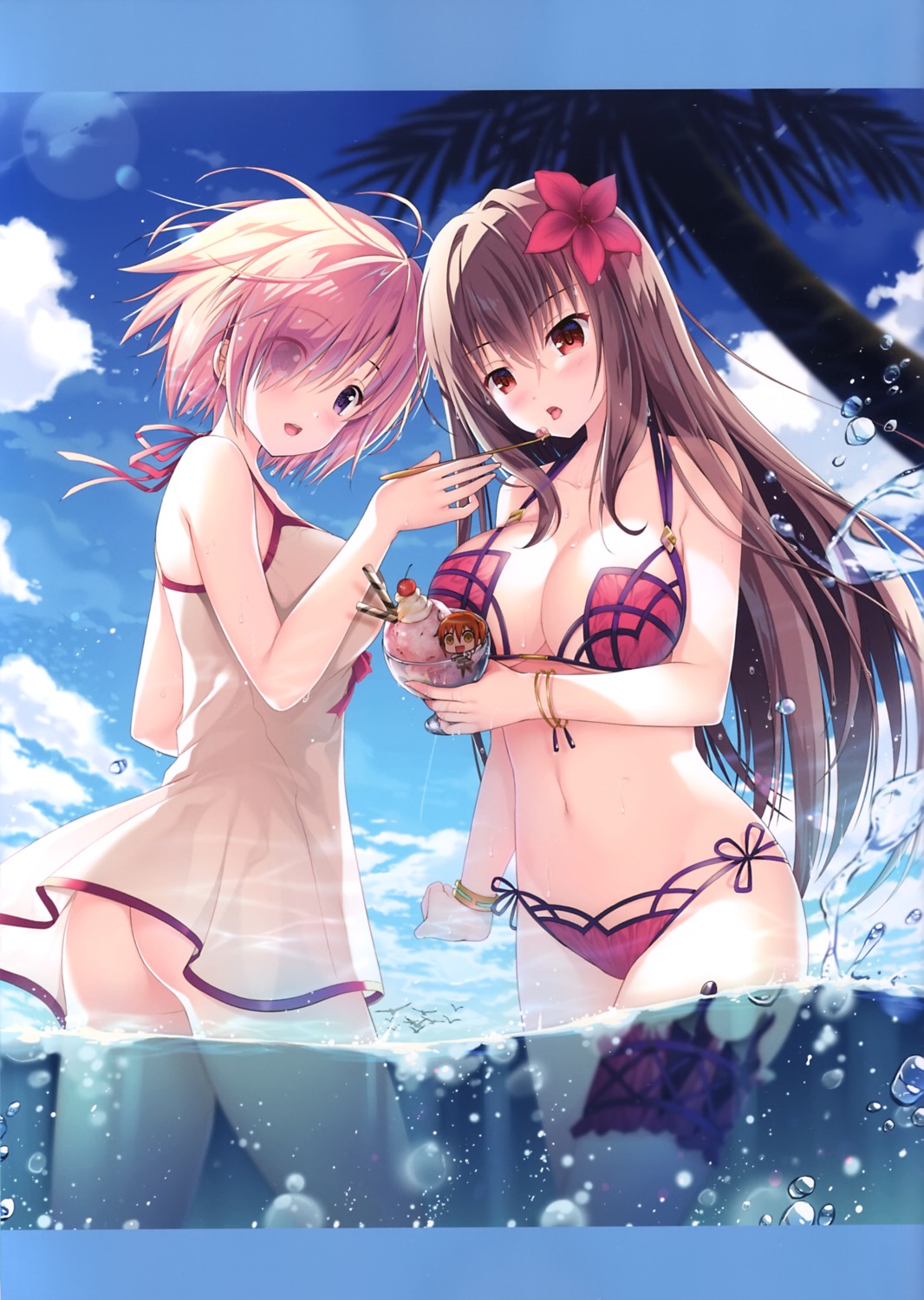 ass bikini chibi fate/grand_order garter mash_kyrielight nopan scathach_(fate/grand_order) see_through swimsuits twinbox twinbox_(circle) wet