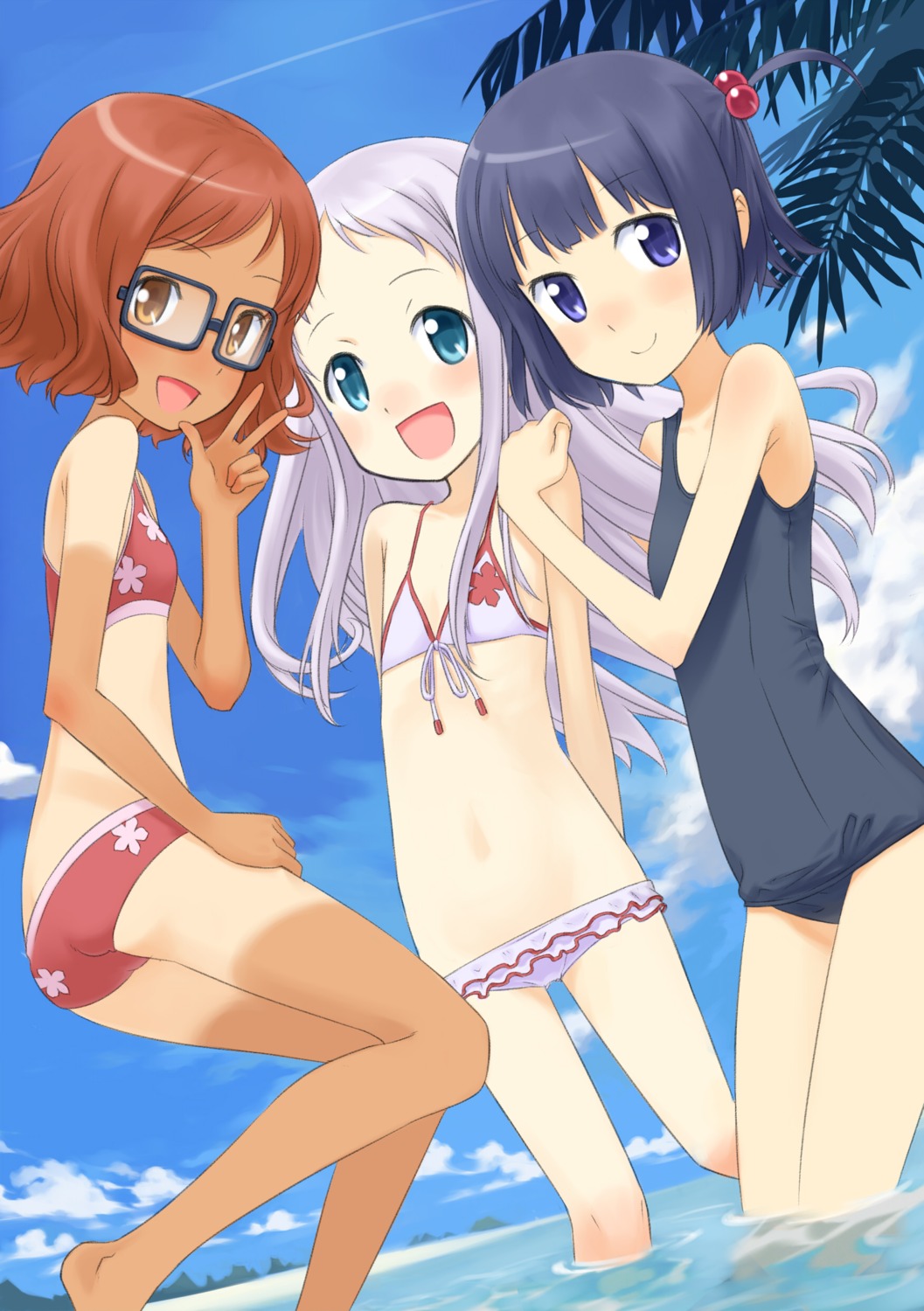 anjou_naruko ano_hi_mita_hana_no_namae_wo_bokutachi_wa_mada_shiranai bikini buntan honma_meiko megane school_swimsuit swimsuits tan_lines tsurumi_chiriko