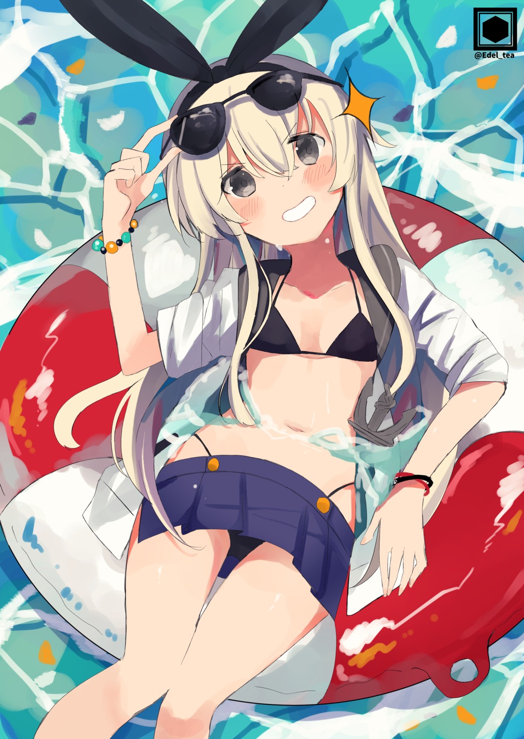 bikini edel_(edelcat) kantai_collection megane open_shirt seifuku shimakaze_(kancolle) skirt_lift swimsuits wet