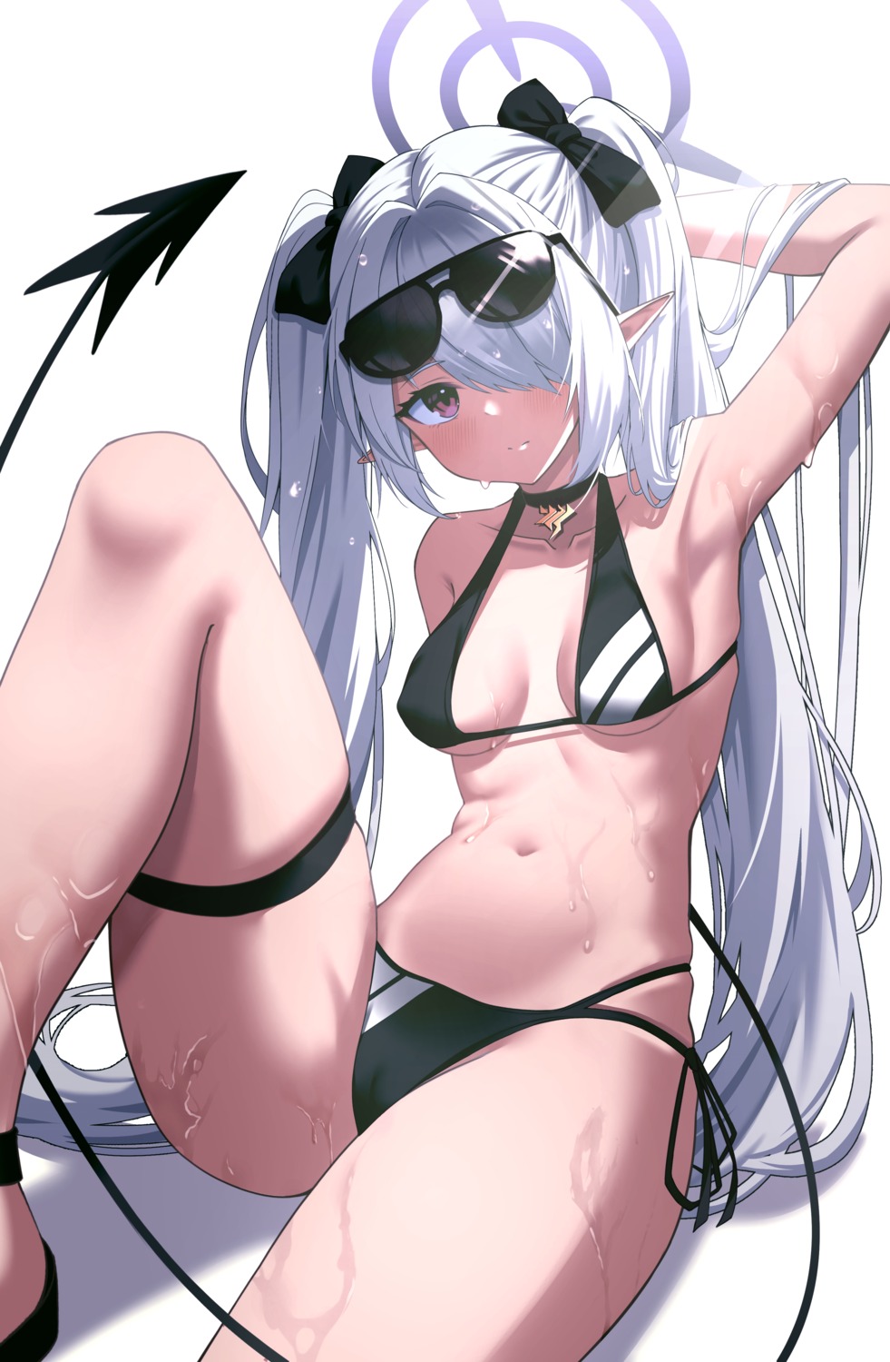 bikini blue_archive cameltoe erect_nipples garter halo megane otakummm pointy_ears shiromi_iori swimsuits tail wet