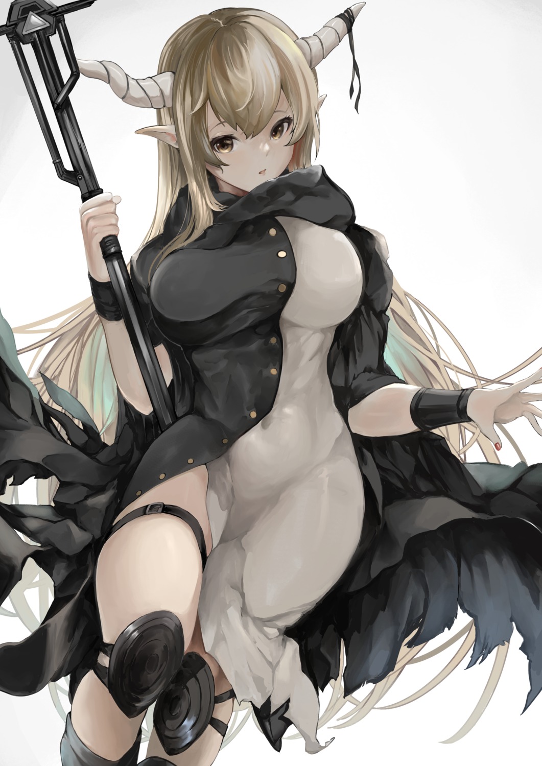 arknights dress garter horns kajuu pointy_ears shining_(arknights) weapon