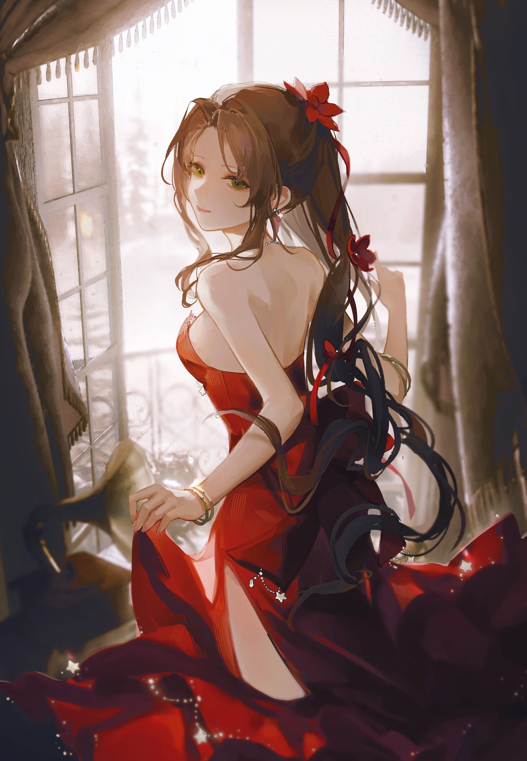 aerith_gainsborough dress final_fantasy final_fantasy_vii no_bra yuangong_yao