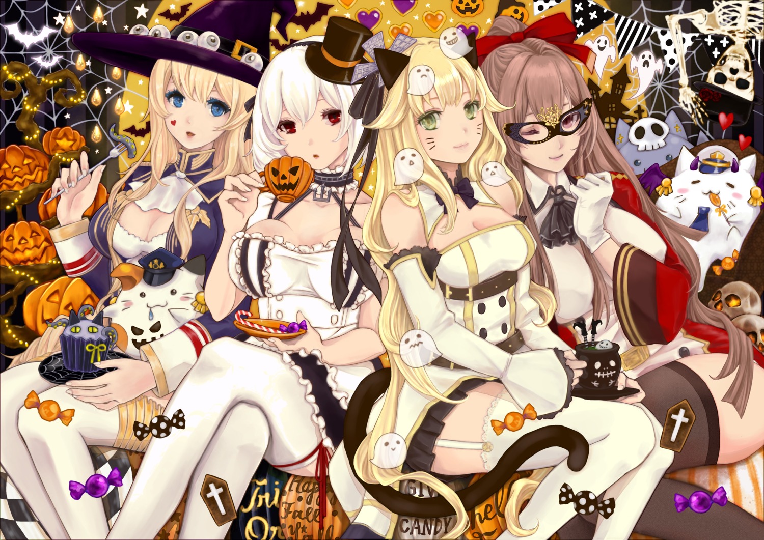 aurora_(azur_lane) azur_lane breast_hold cleavage glorious_(azur_lane) halloween languang megane sirius_(azur_lane) stockings swiftsure_(azur_lane) thighhighs witch