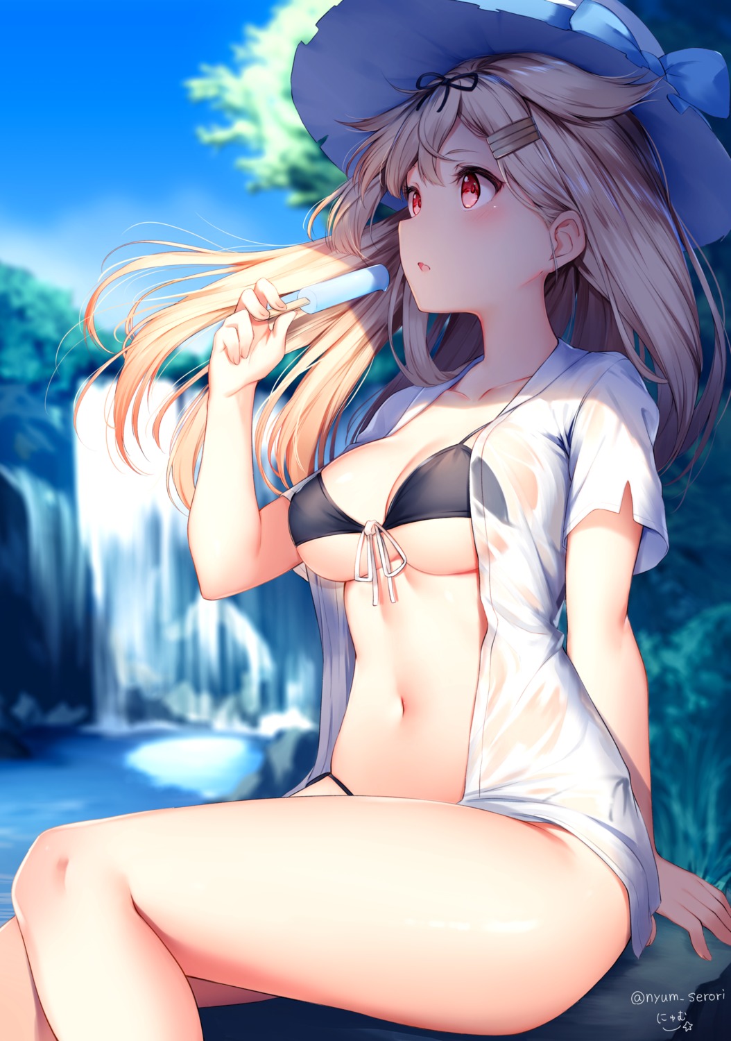 bikini kantai_collection nyum open_shirt see_through swimsuits underboob wet_clothes yuudachi_(kancolle)