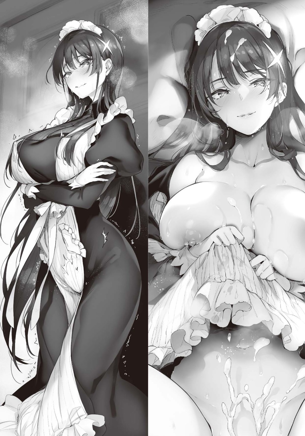 breast_hold breasts cum maid maid_to_manabu_syoukai_keiei_cool_na_kanojo_no_aishikata monochrome nipples no_bra nopan open_shirt pyon-kti skirt_lift