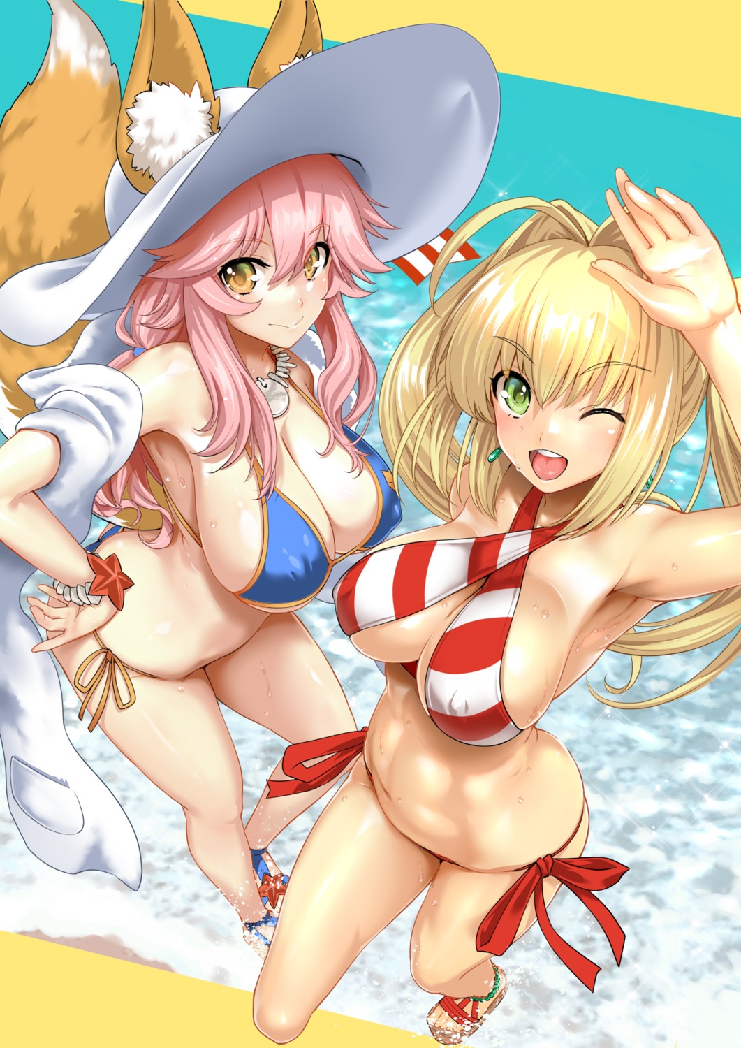 animal_ears bikini erect_nipples fate/grand_order kitsune saber_extra swimsuits tail tamamo_no_mae uguisu_kagura