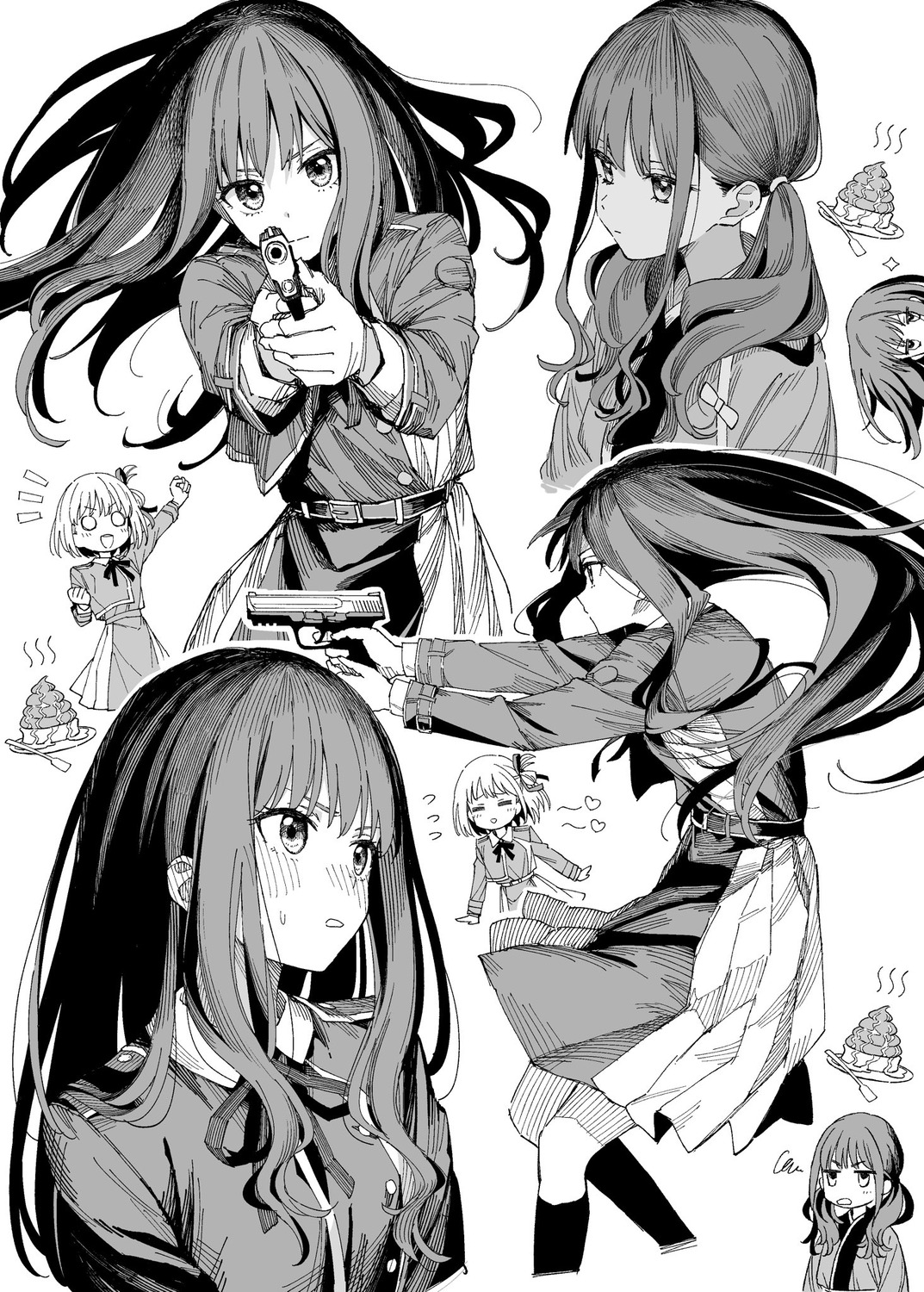 arisancake gun inoue_takina japanese_clothes lycoris_recoil monochrome nishikigi_chisato seifuku waitress