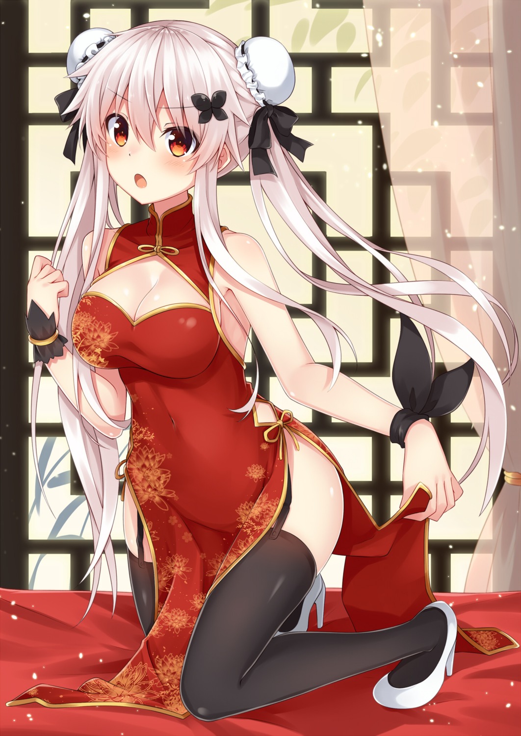 chinadress cleavage heels komori_kuzuyu no_bra nopan skirt_lift stockings thighhighs