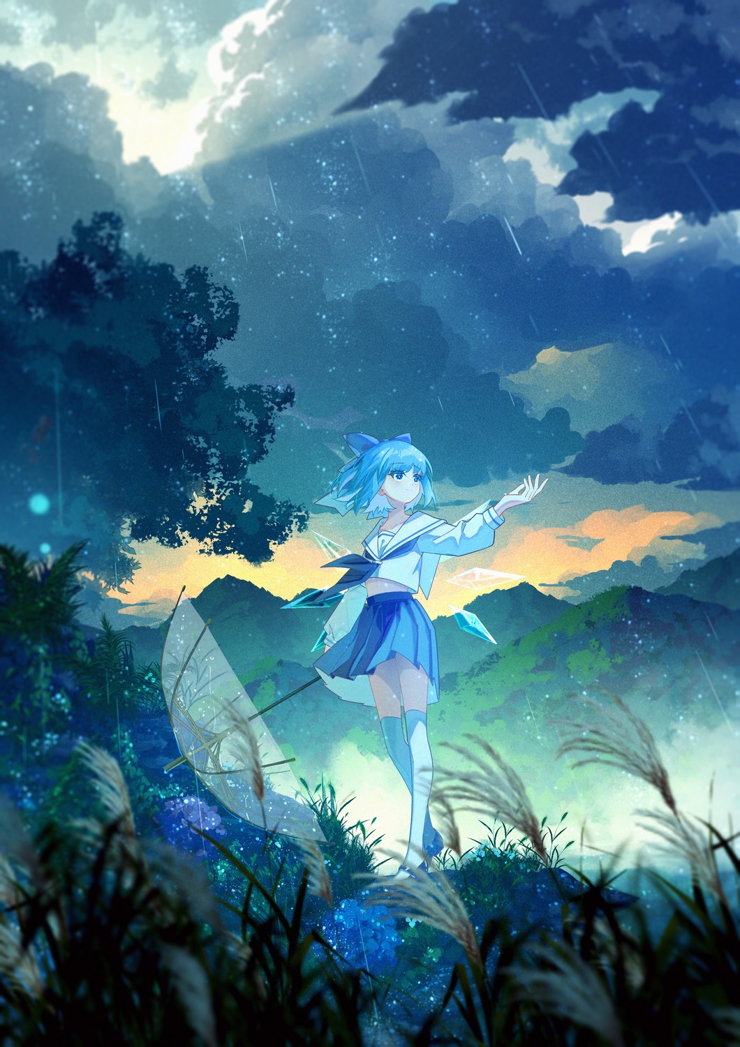 cirno jiege seifuku thighhighs touhou umbrella wings