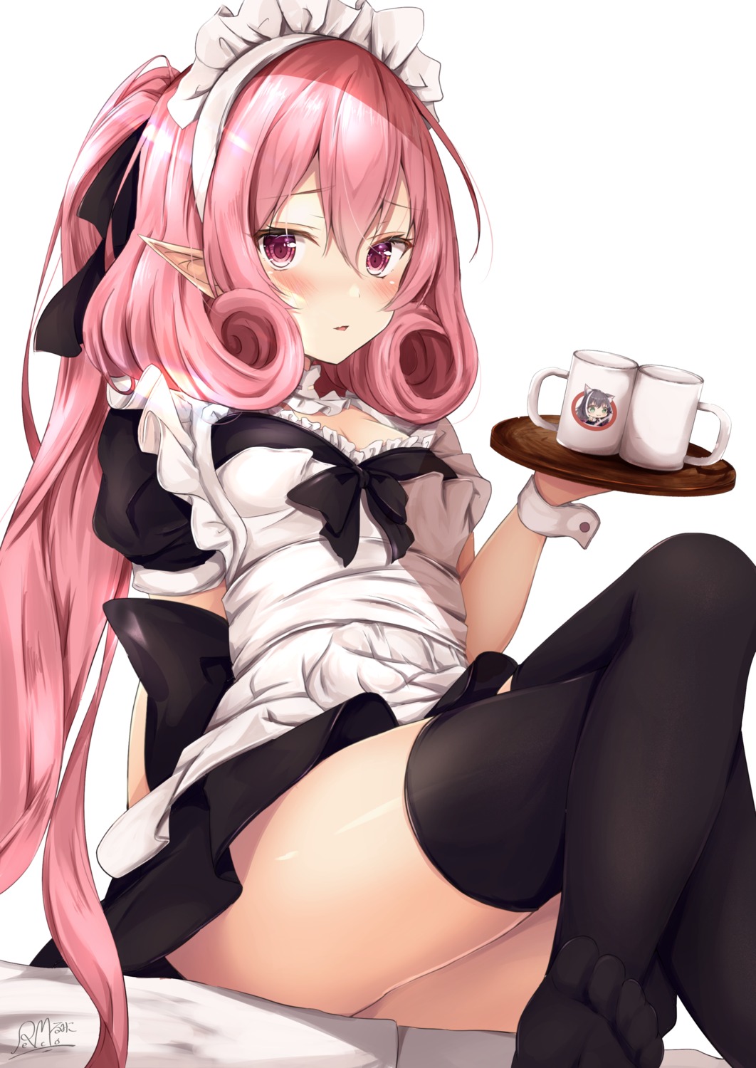 maid pointy_ears princess_connect princess_connect!_re:dive rumiko_(rmeco) skirt_lift thighhighs utsushimi_neneka waitress