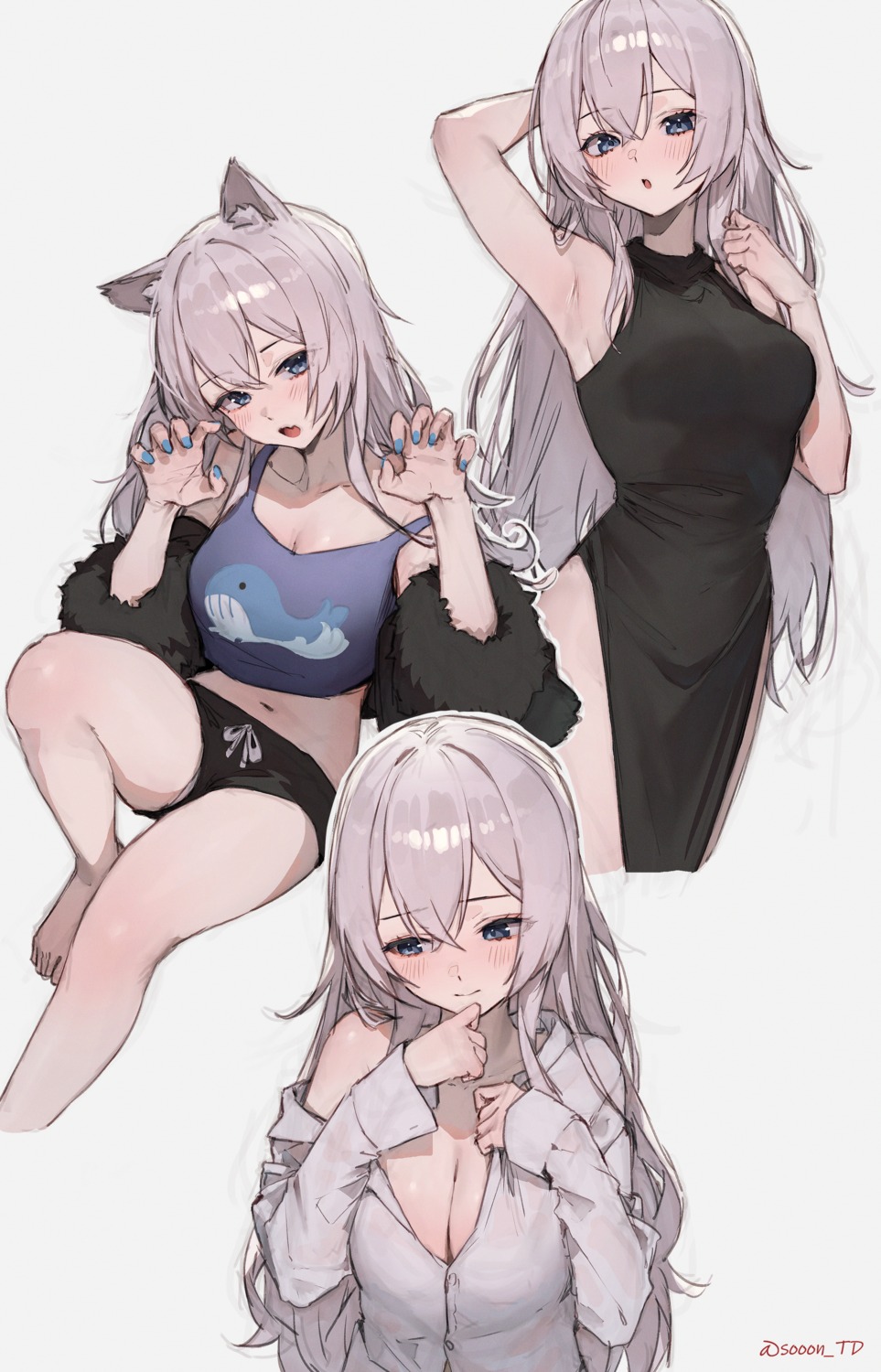 animal_ears breast_hold dress dress_shirt nekomimi no_bra open_shirt sketch sooon