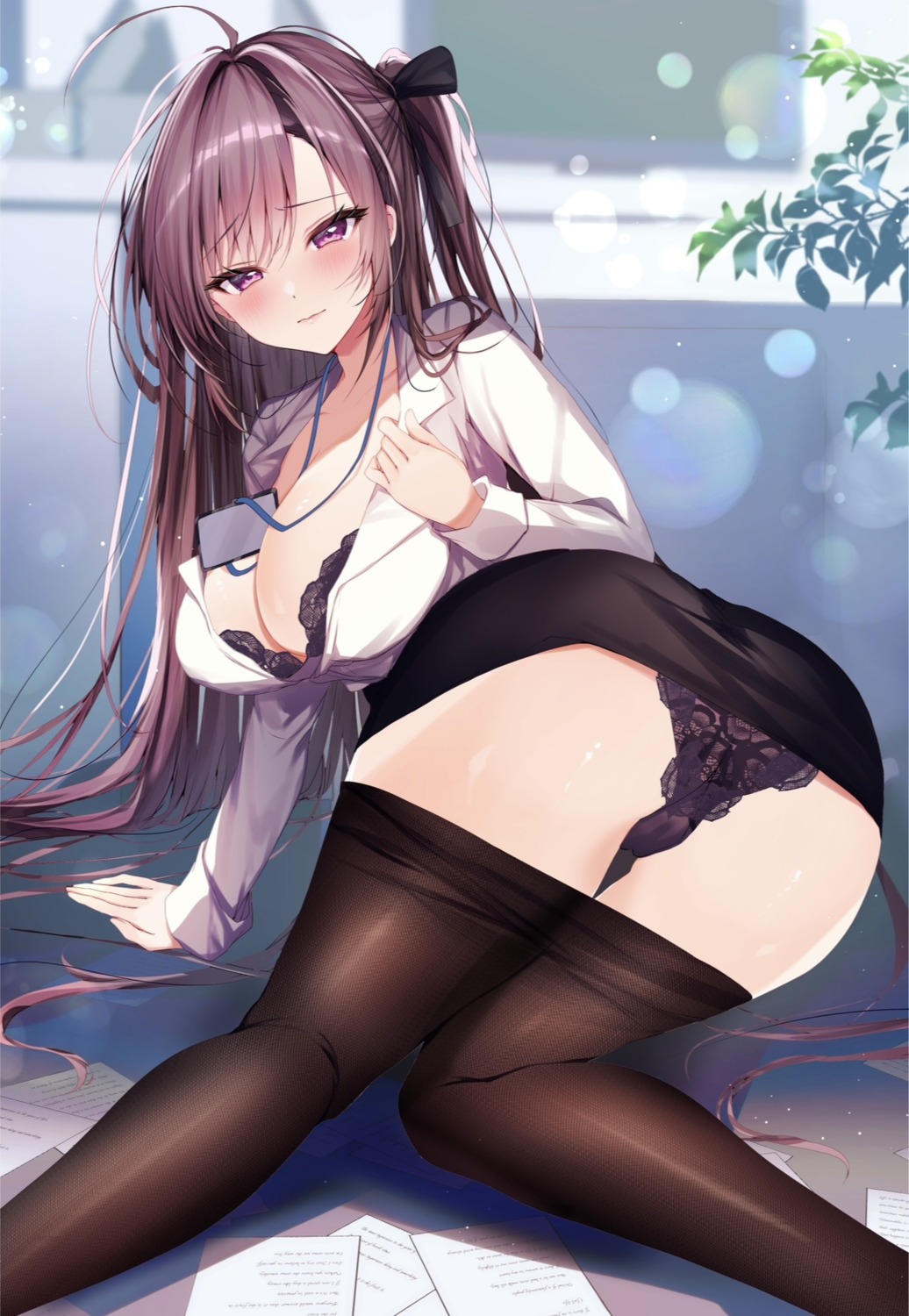 ass bra cameltoe dress_shirt nenobi_(nenorium) open_shirt pantsu pantyhose skirt_lift thong undressing