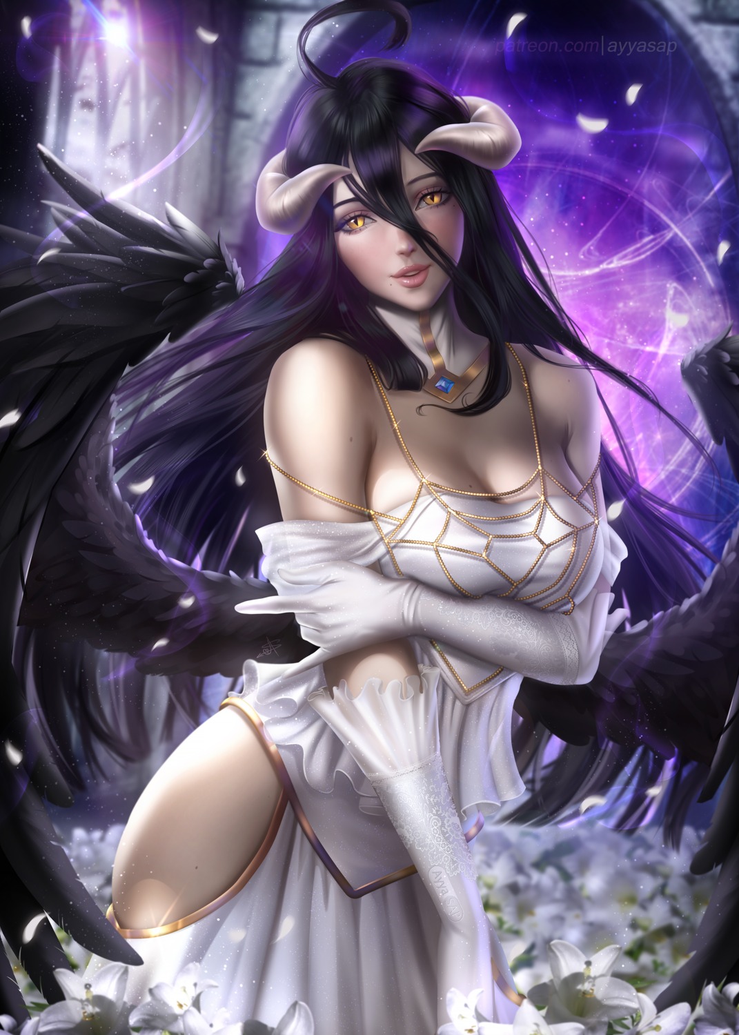 albedo_(overlord) ayyasap breast_hold cleavage dress horns overlord wings