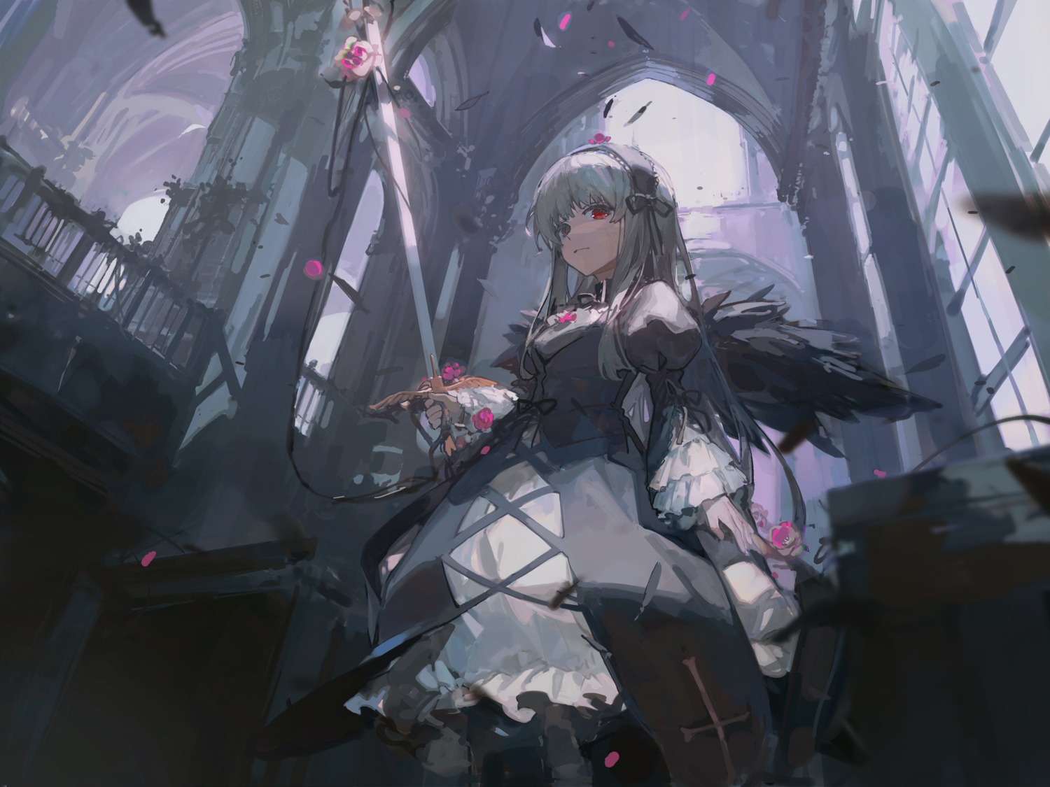 ciloranko dress gothic_lolita heterochromia lolita_fashion rozen_maiden suigintou sword wings