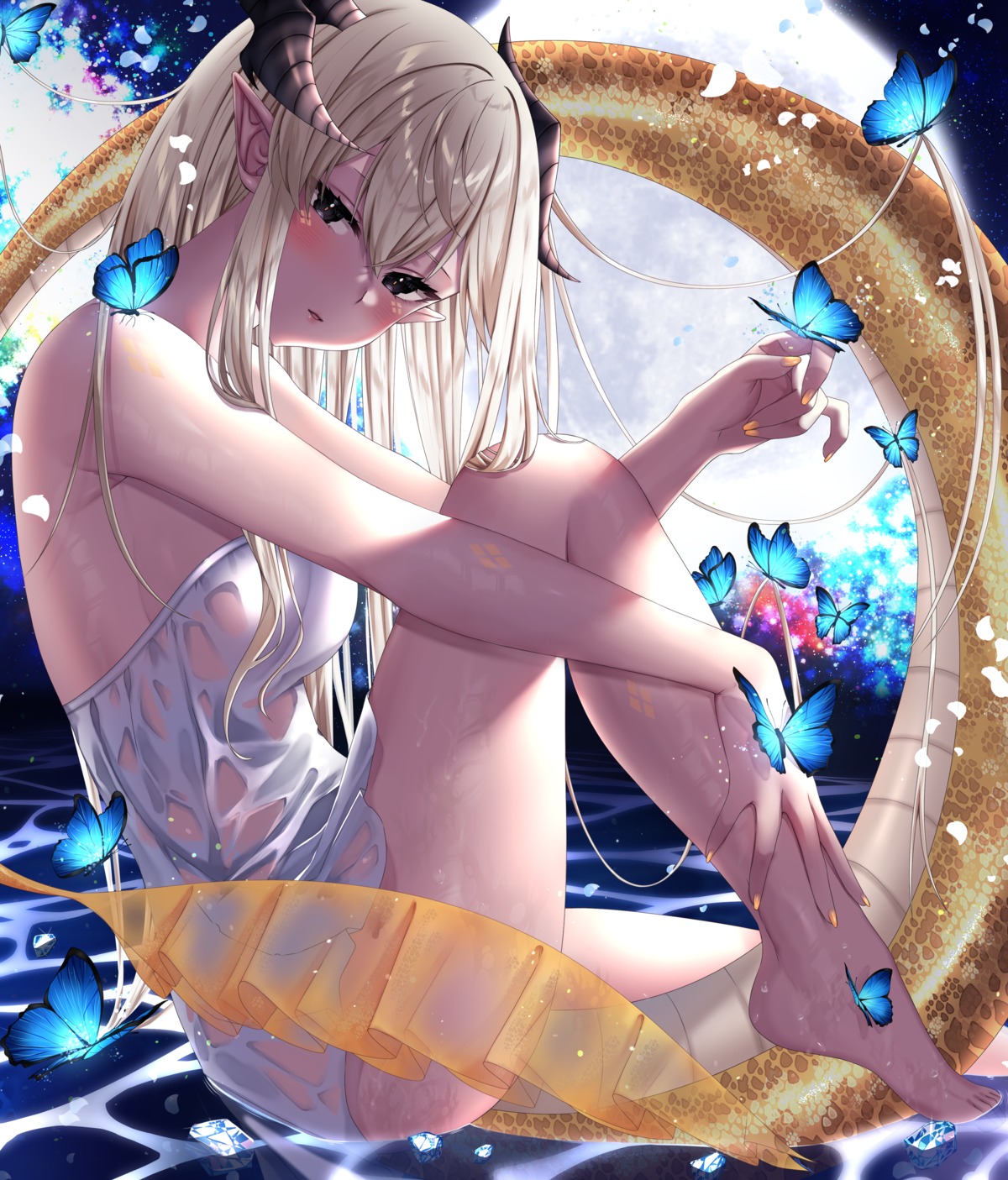 dress horns no_bra pointy_ears see_through skirt_lift tail vitaminechan wet wet_clothes