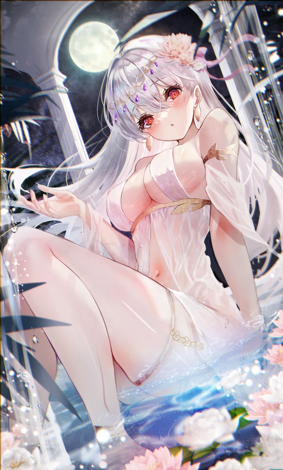 chiachun0621 dress fate/grand_order garter kama_(fate/grand_order) no_bra see_through wet