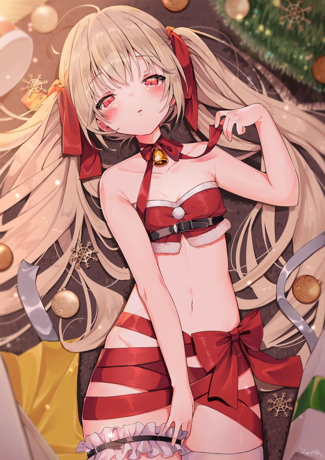 christmas cleavage garter koyubita_beru no_bra thighhighs