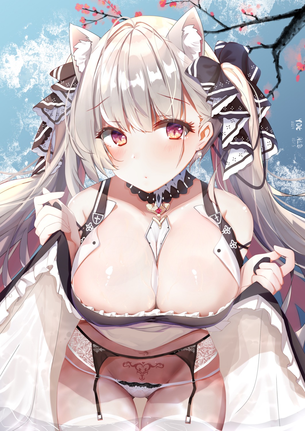 animal_ears azur_lane cleavage formidable_(azur_lane) garter_belt gothic_lolita lolita_fashion no_bra pantsu skirt_lift stockings tattoo thighhighs wet yue_(qtxyjiang)