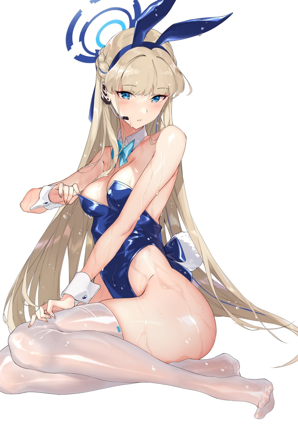 animal_ears asuma_toki blue_archive bunny_ears bunny_girl fengsao_hua_tanzhang halo no_bra tail thighhighs wet