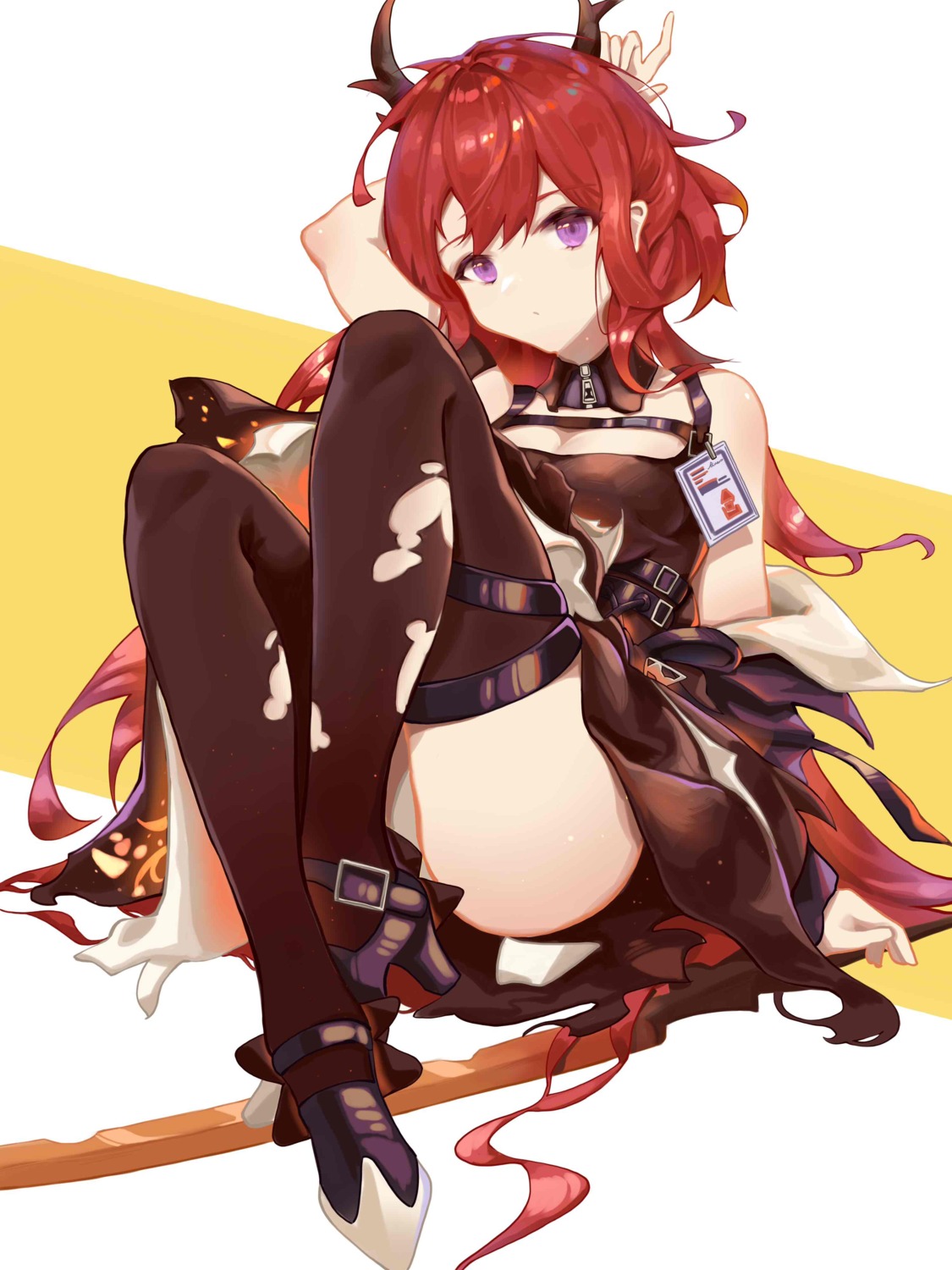 arknights cleavage garter heels horns river_(river_ga) skirt_lift surtr_(arknights) sword thighhighs torn_clothes