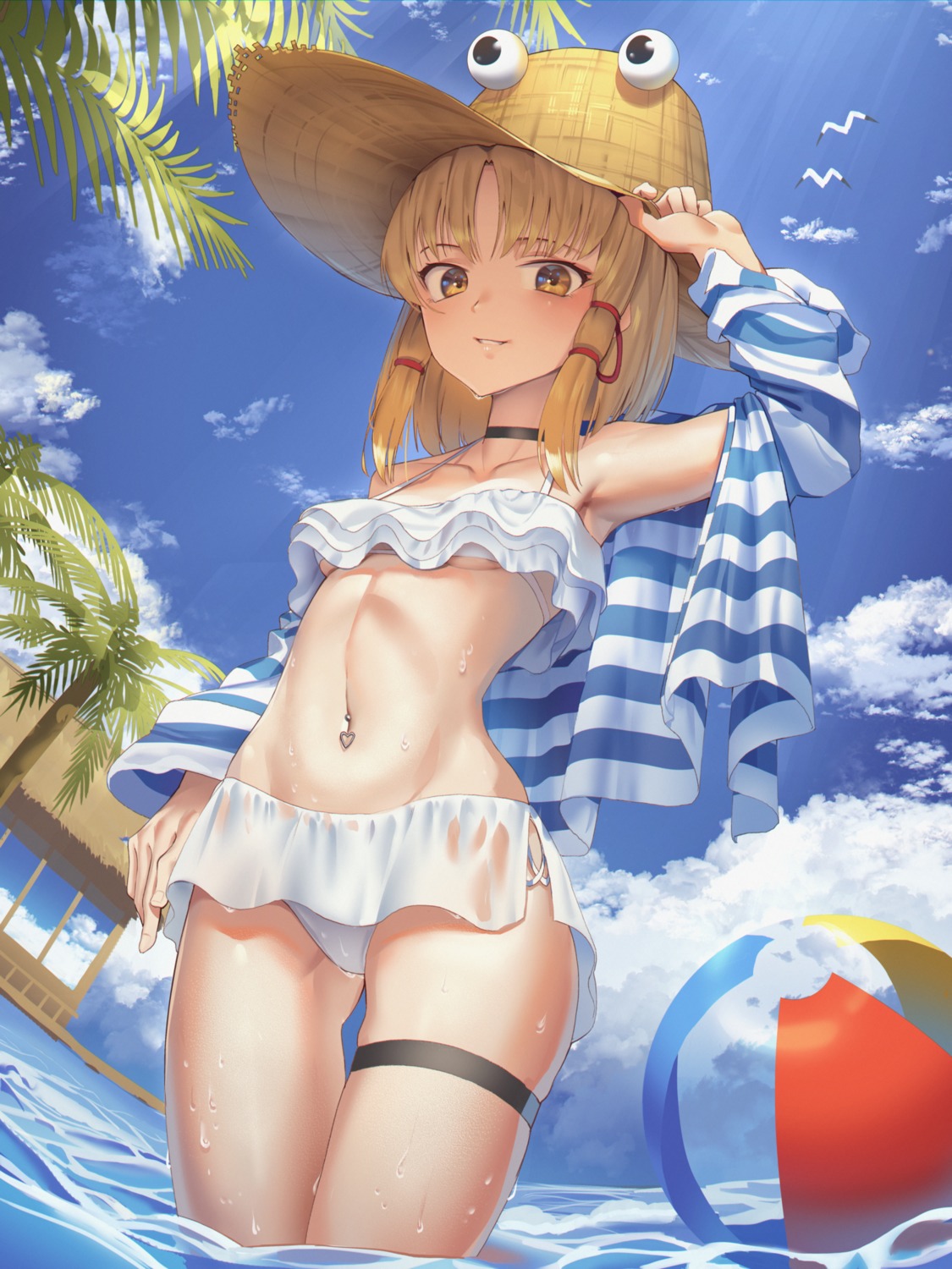 bikini garter goback moriya_suwako open_shirt see_through swimsuits touhou wet wet_clothes