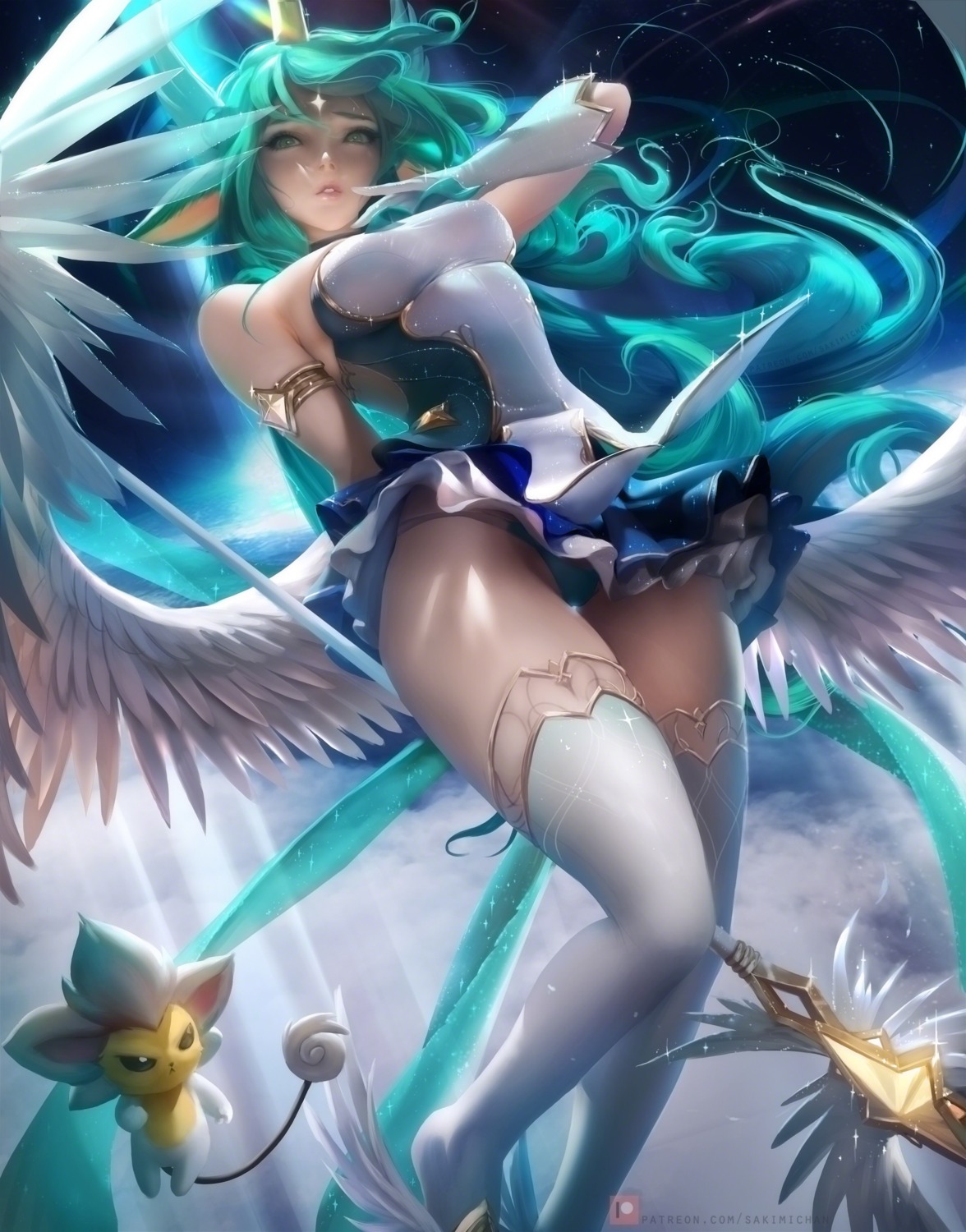 animal_ears horns league_of_legends pantsu sakimichan soraka thighhighs wings