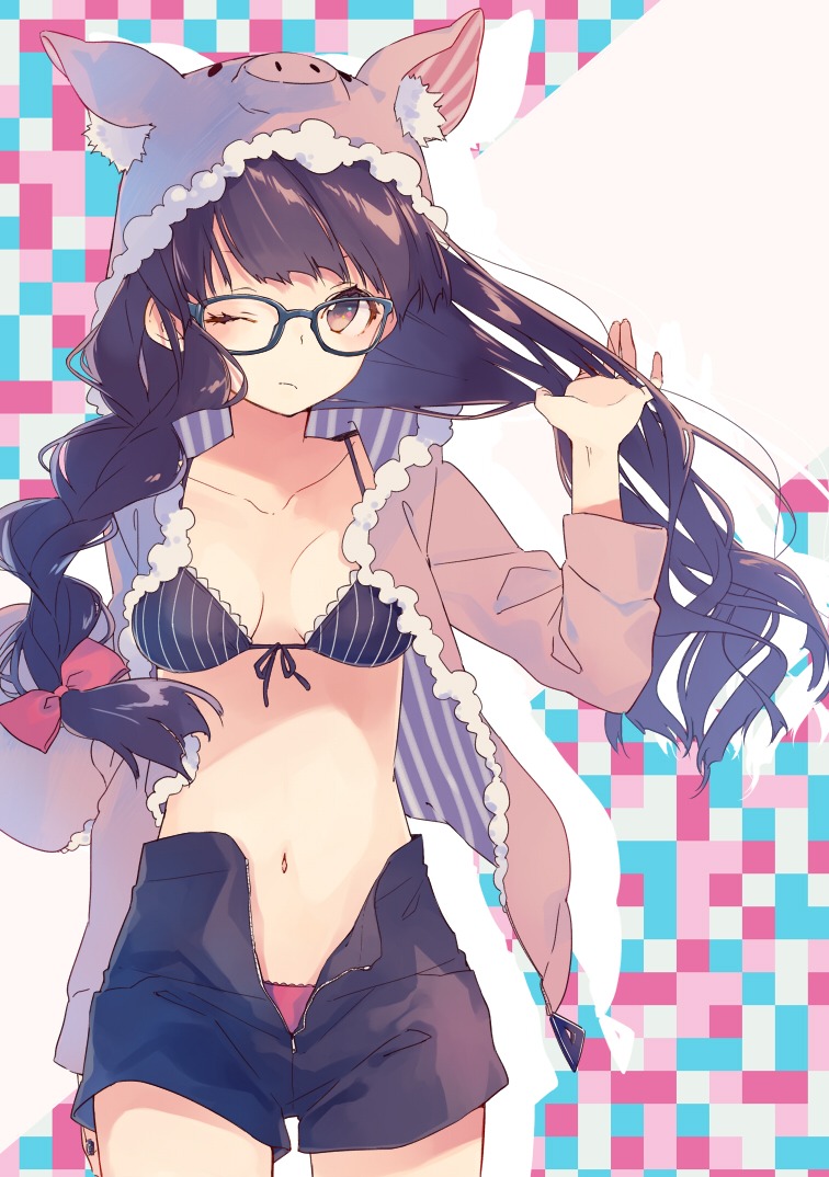 bikini_top buuta cleavage megane open_shirt pantsu swimsuits