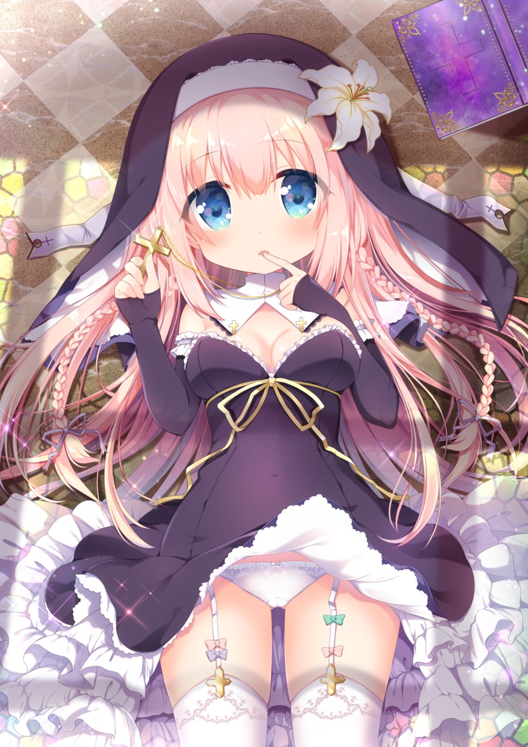 breast_hold cameltoe cleavage loli no_bra nun ousawa_kanata pantsu skirt_lift stockings thighhighs